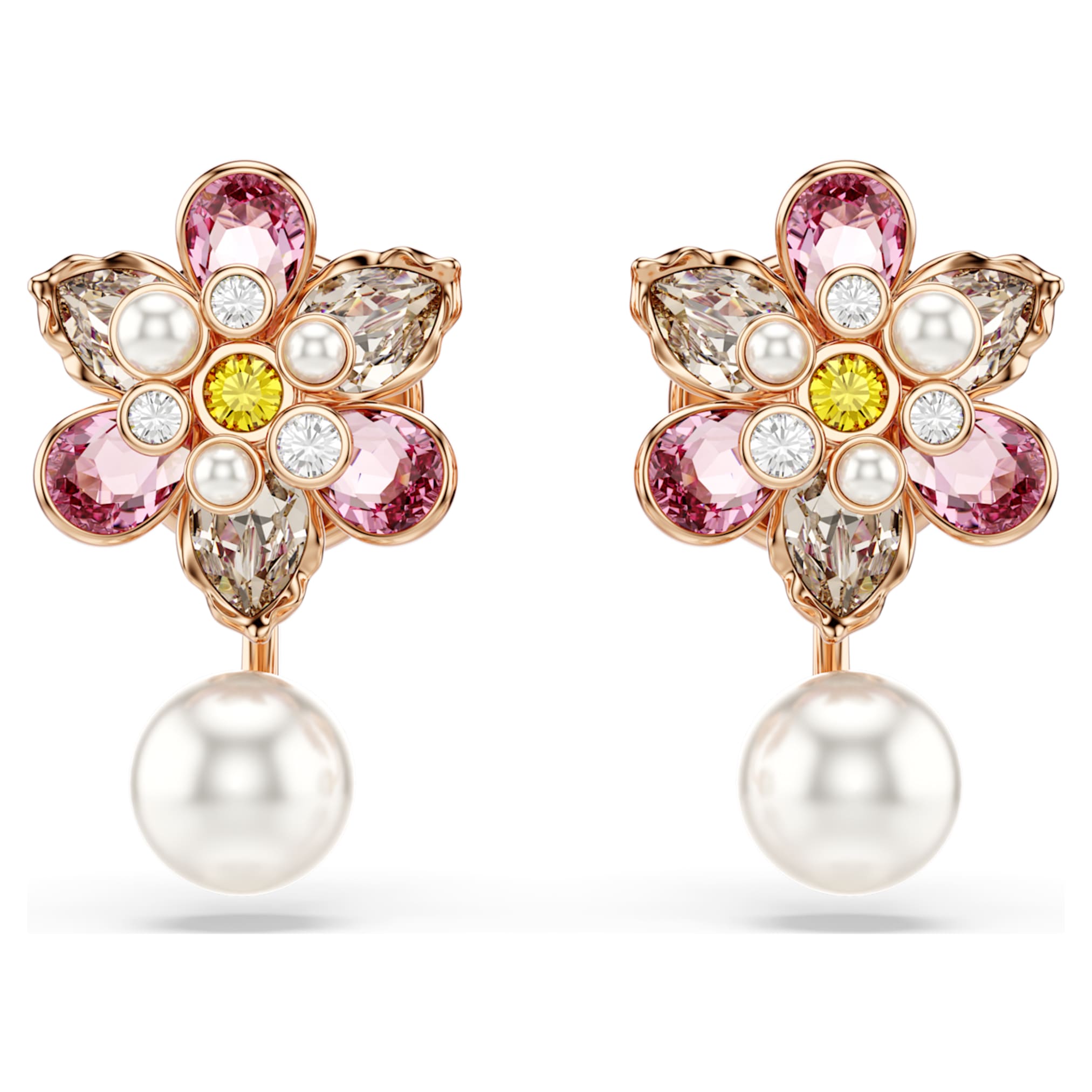 Swarovski Idyllia earring jackets Crystal pearl, Mixed cuts, Flower, Multicolored, 18K rose gold finish