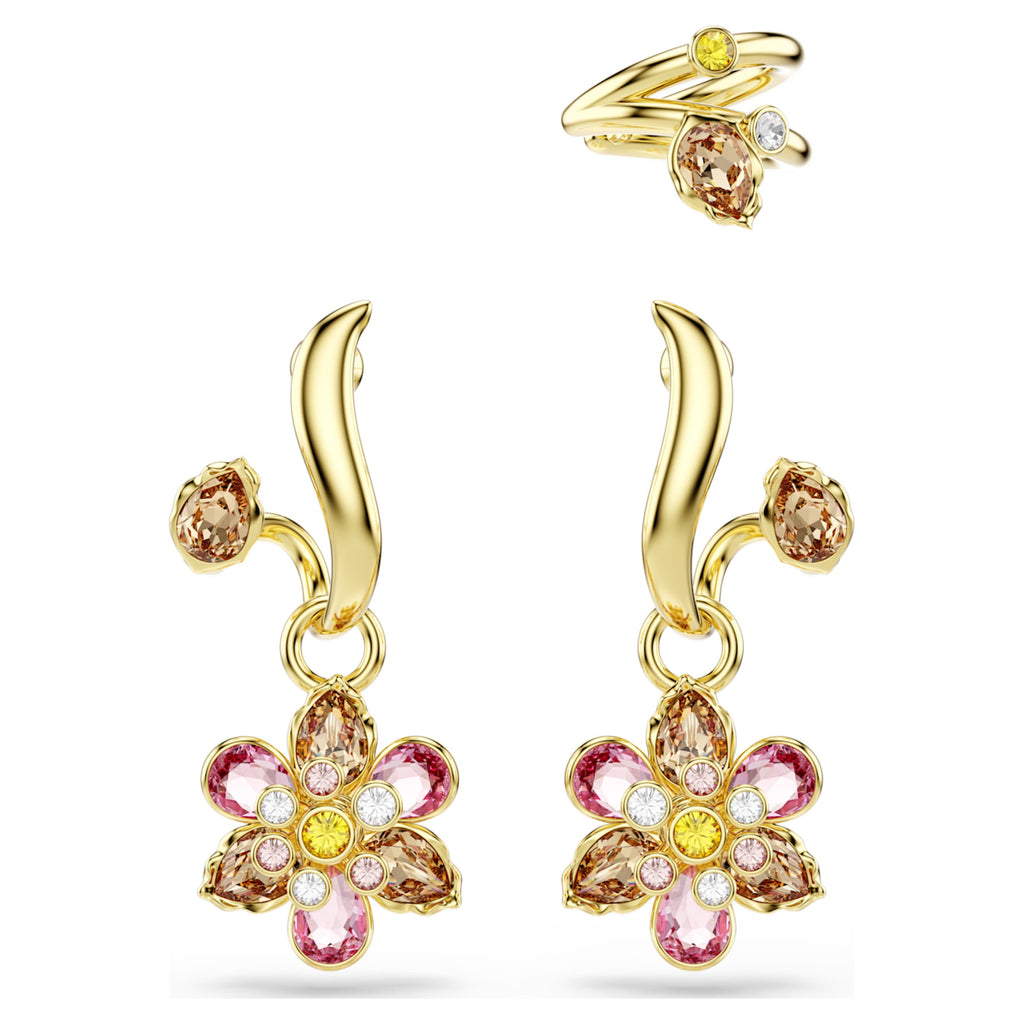 Swarovski Idyllia earrings Set (3), Mixed cuts, Flower, Multicolored, 18K gold finish