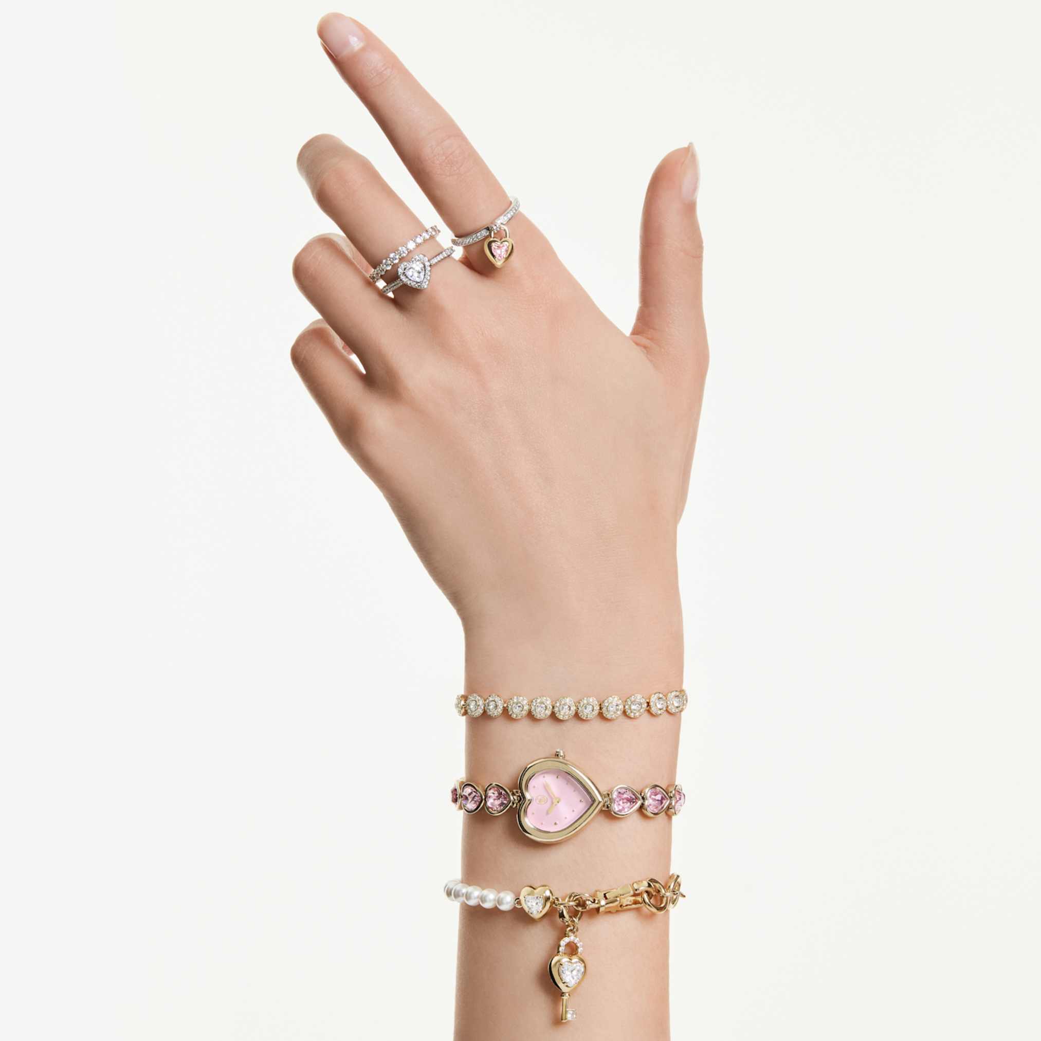Swarovski Idyllia Heart watch Crystal bracelet, Pink, Gold-tone finish