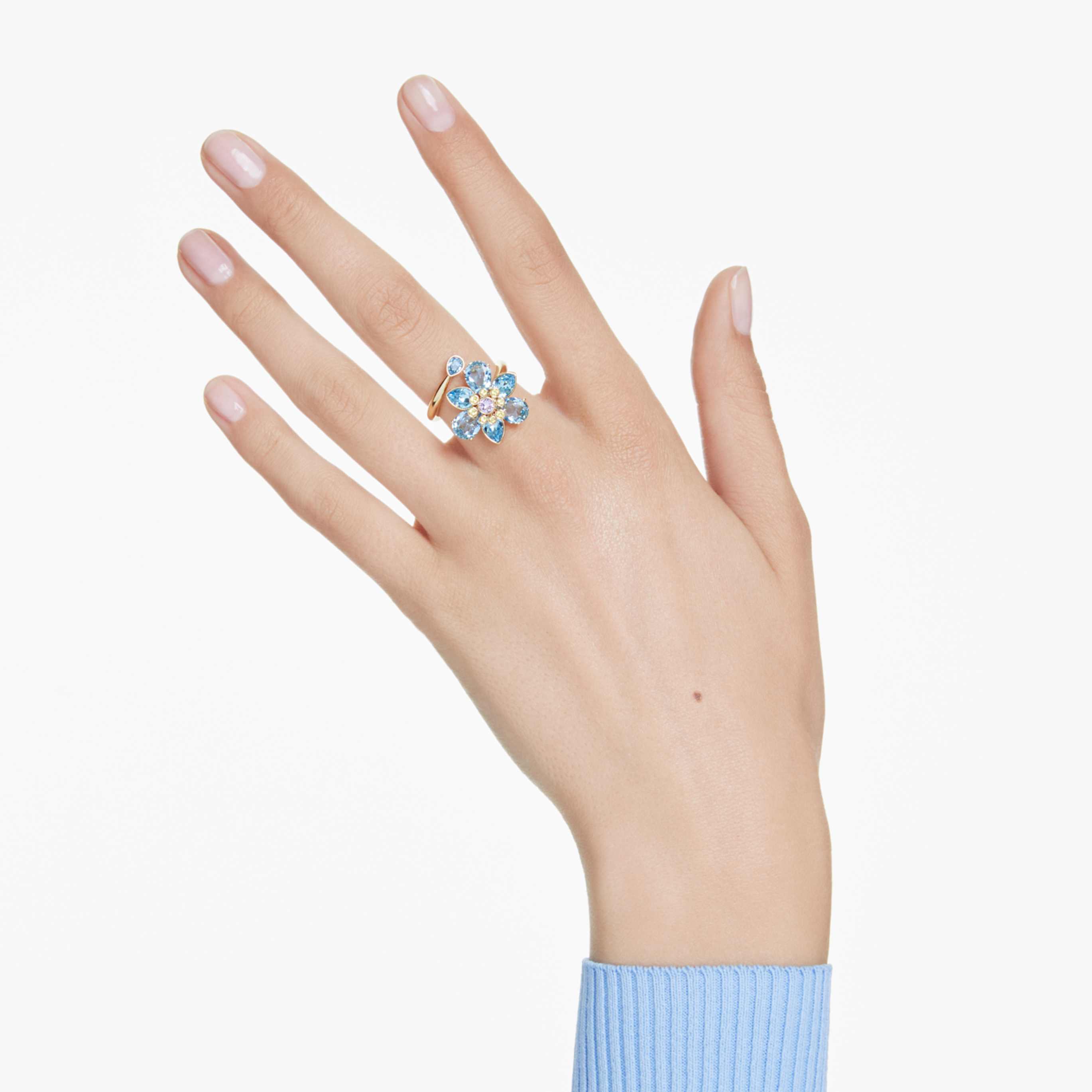 Swarovski Idyllia open ring Mixed cuts, Flower, Blue, 18K gold finish