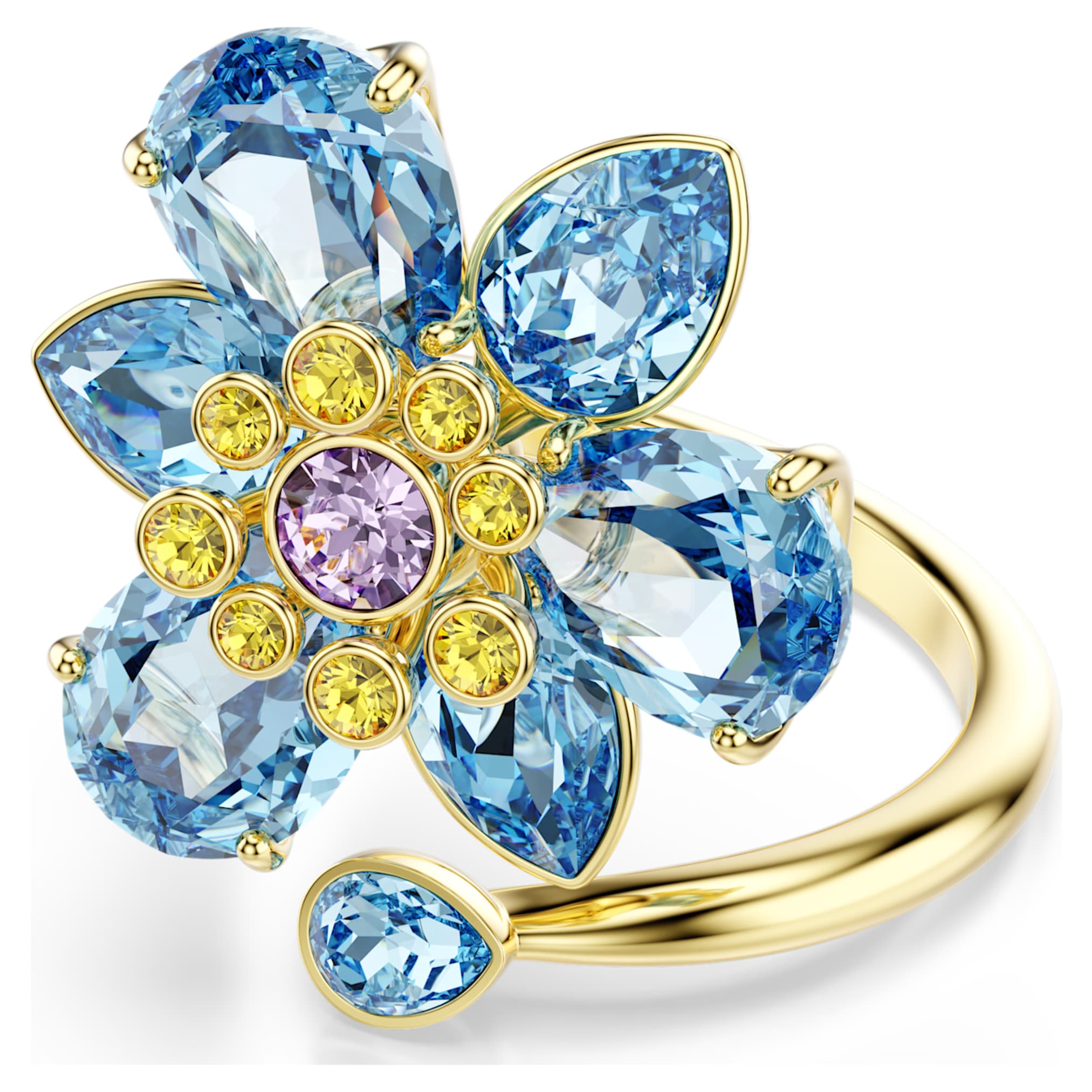 Swarovski Idyllia open ring Mixed cuts, Flower, Blue, 18K gold finish