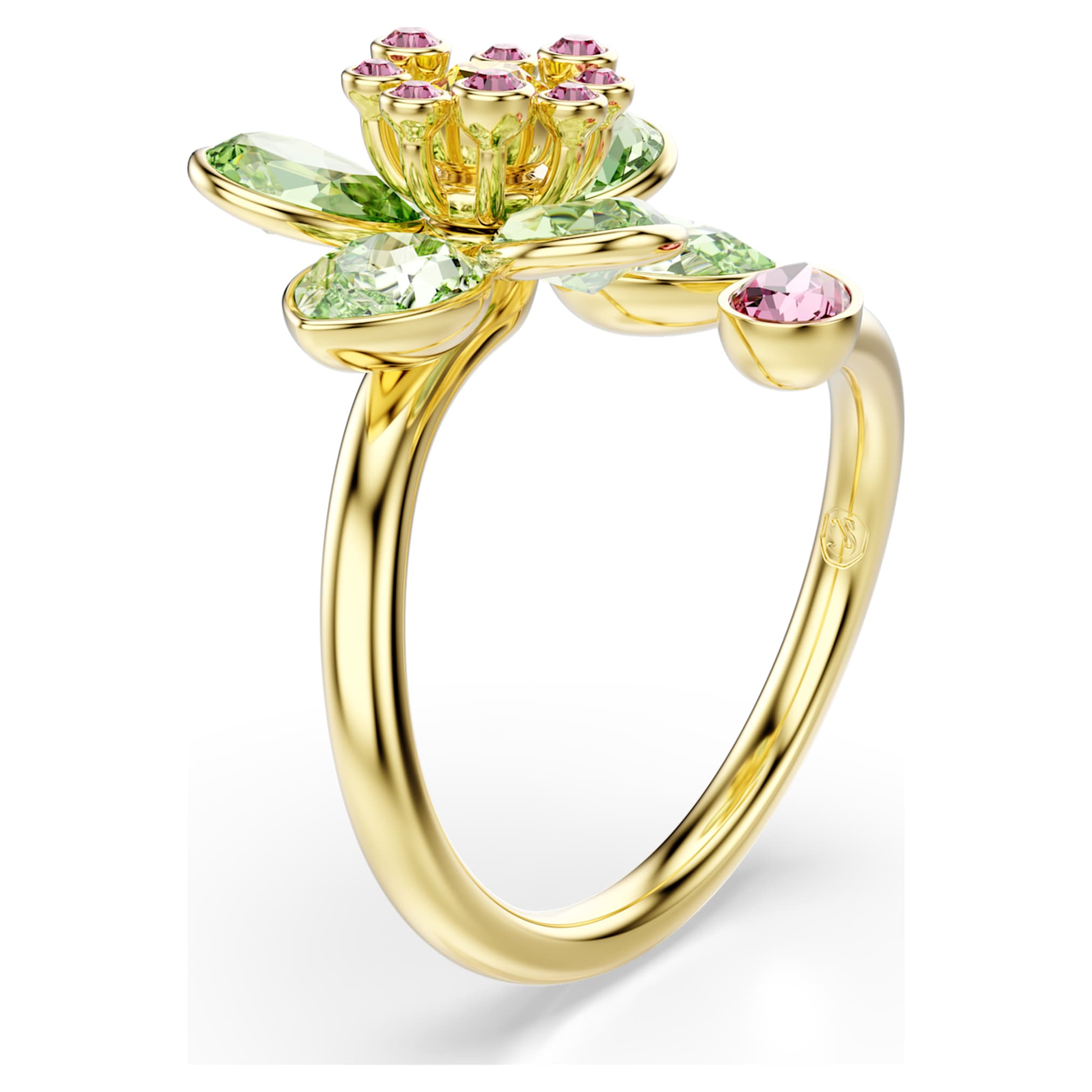 Swarovski Idyllia open ring Mixed cuts, Flower, Green, 18K gold finish