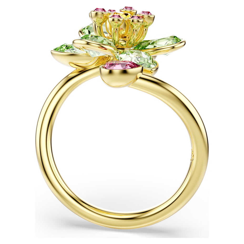 Swarovski Idyllia open ring Mixed cuts, Flower, Green, 18K gold finish