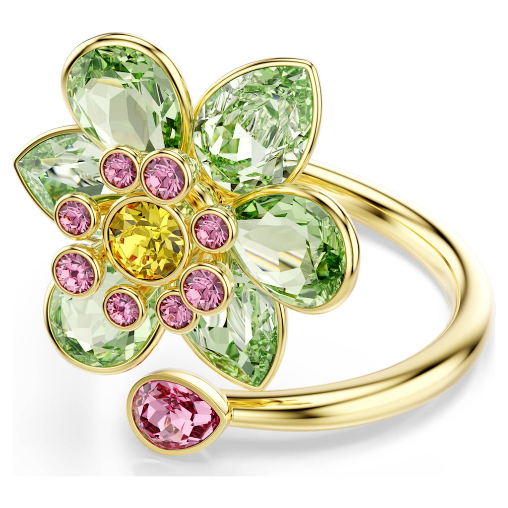 Swarovski Idyllia open ring Mixed cuts, Flower, Green, 18K gold finish