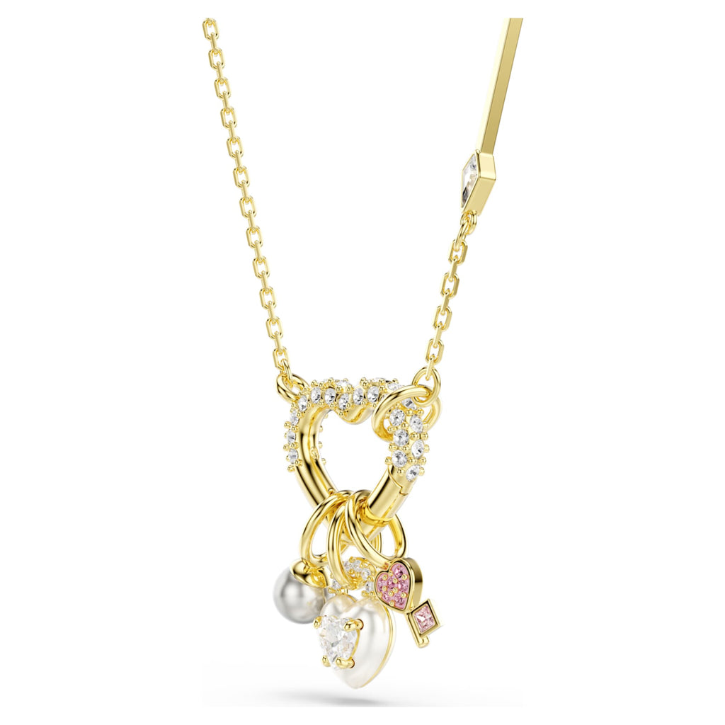 Swarovski Idyllia pendant Mixed cuts, Heart, Key, Pink, 18K gold finish
