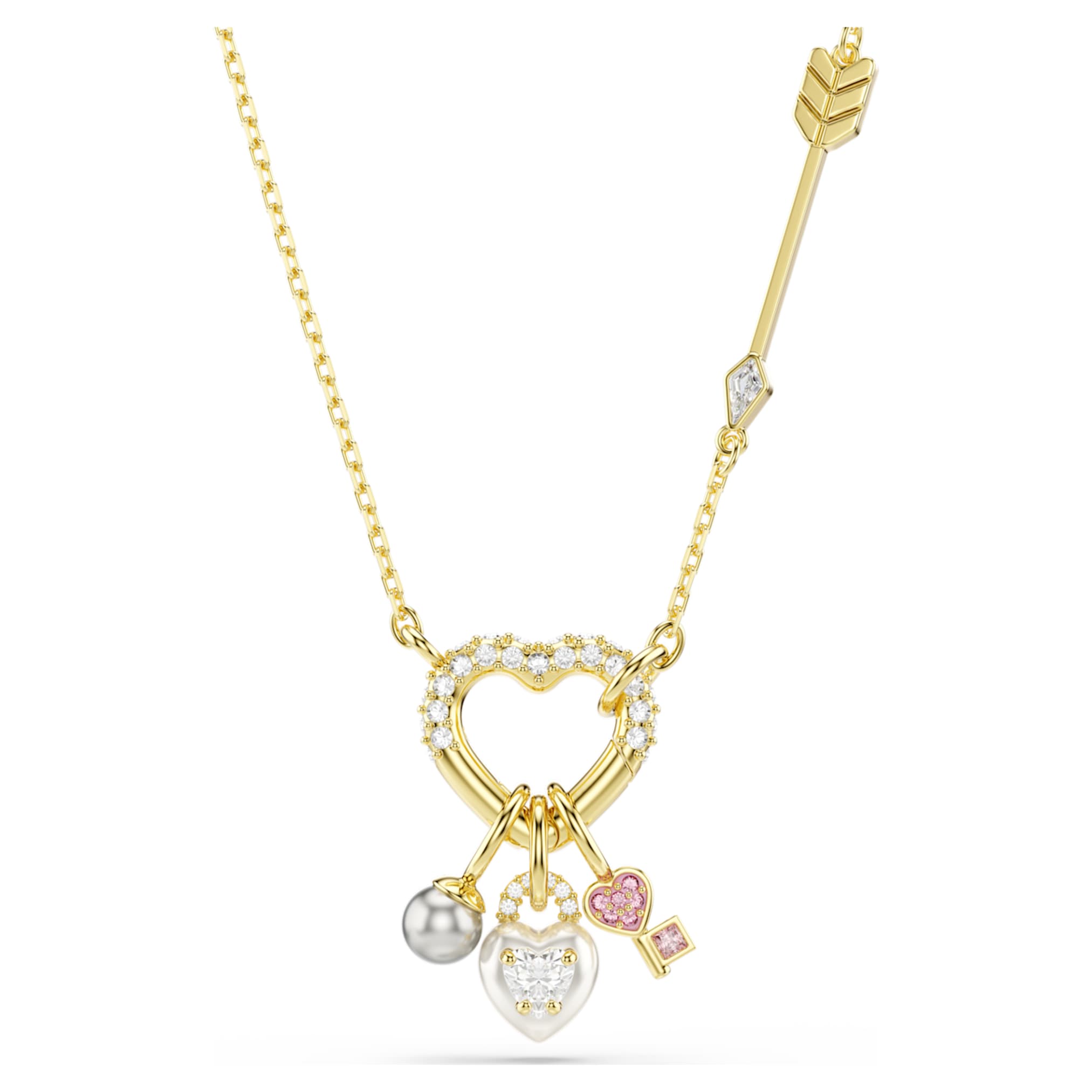Swarovski Idyllia pendant Mixed cuts, Heart, Key, Pink, 18K gold finish