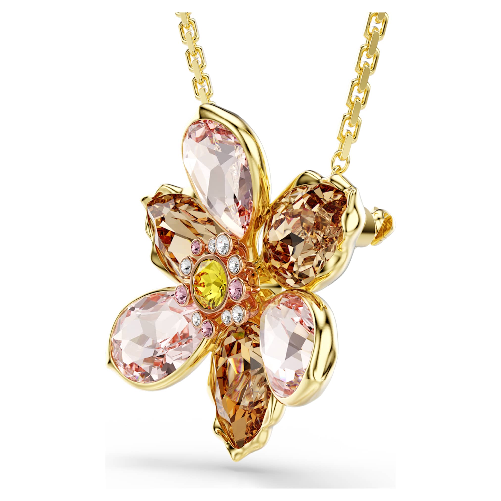 Swarovski Idyllia pendant and brooch Mixed cuts, Flower, Multicolored, 18K gold finish