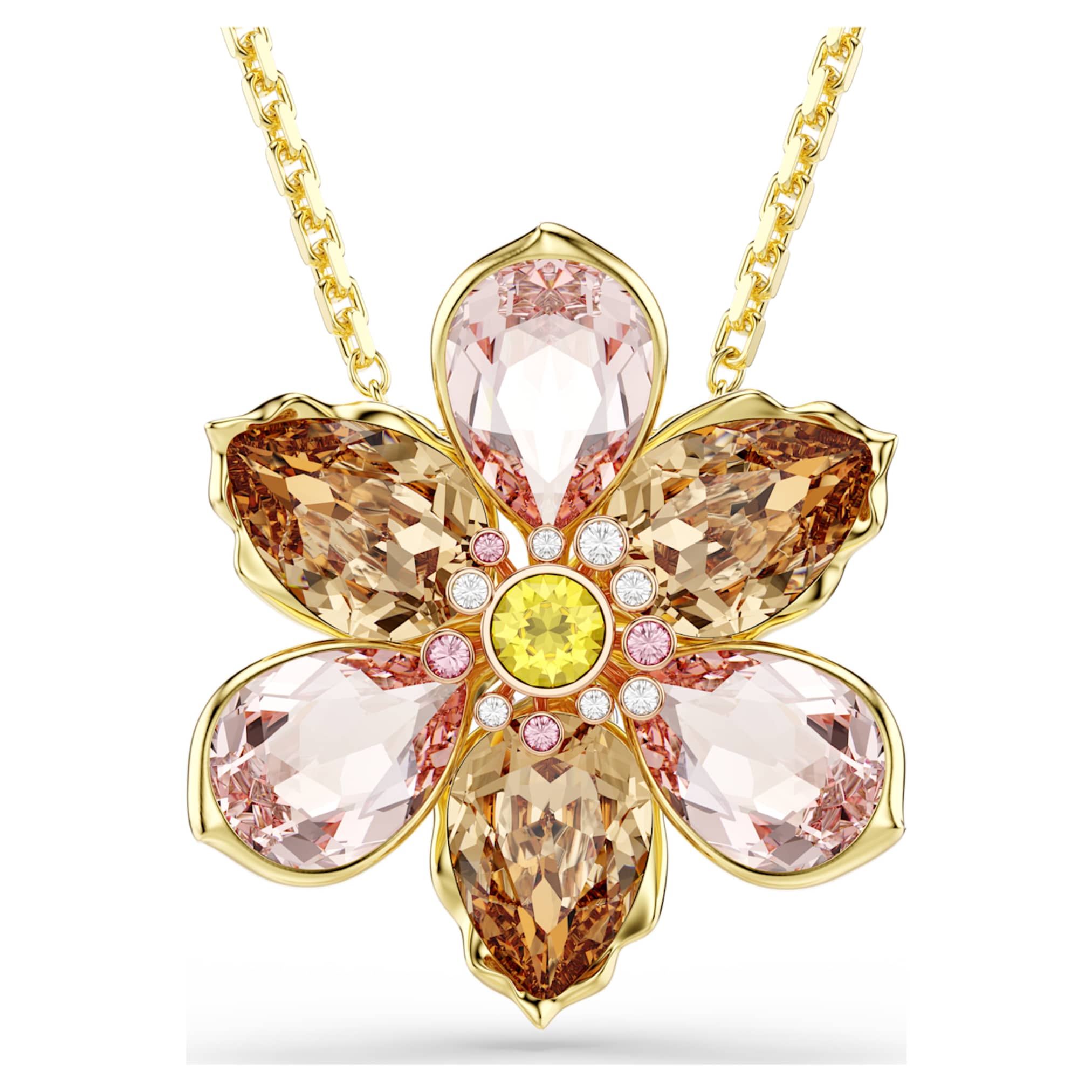 Swarovski Idyllia pendant and brooch Mixed cuts, Flower, Multicolored, 18K gold finish