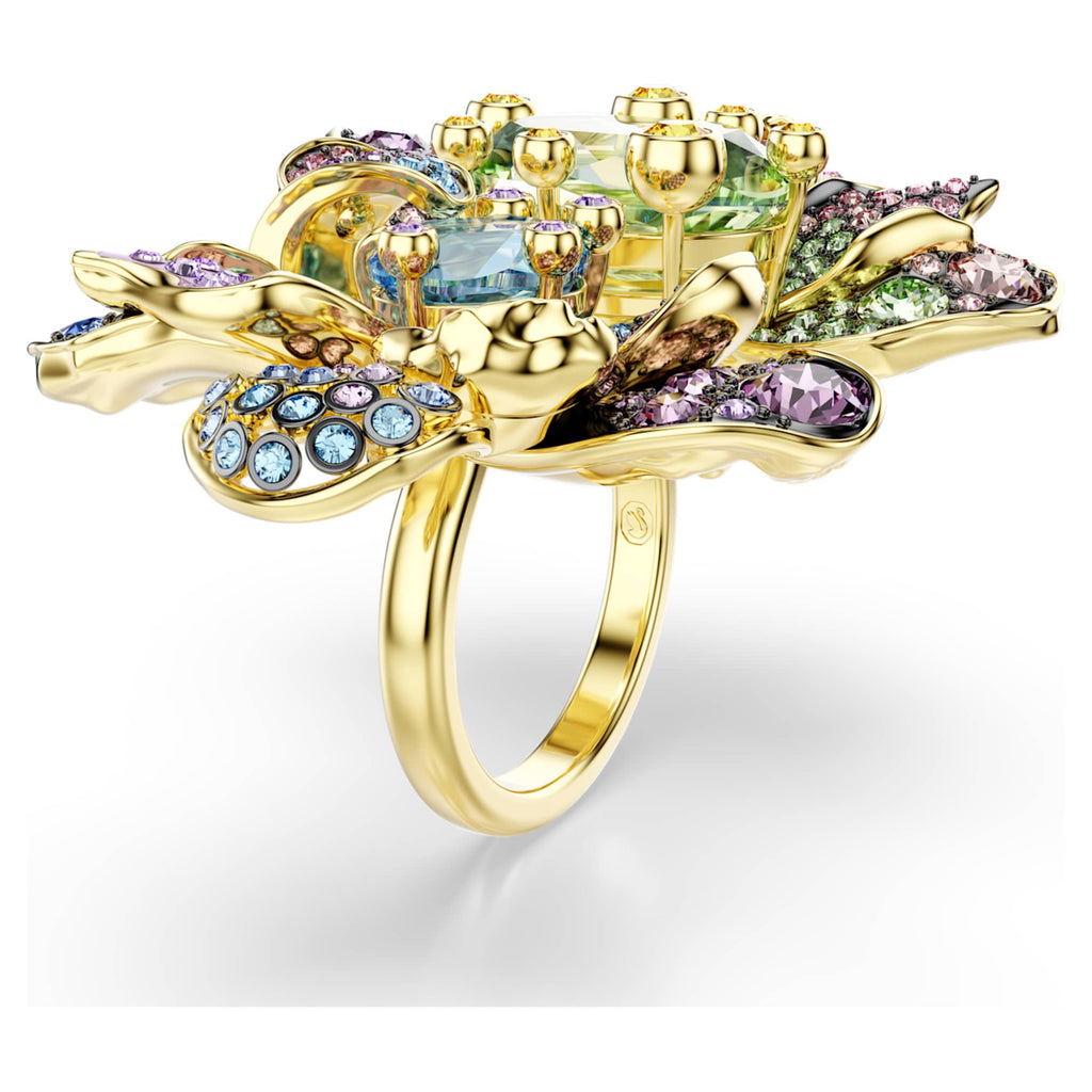 Swarovski Idyllia ring Mixed cuts, Pavé, Flower, Multicolored, 18K gold finish