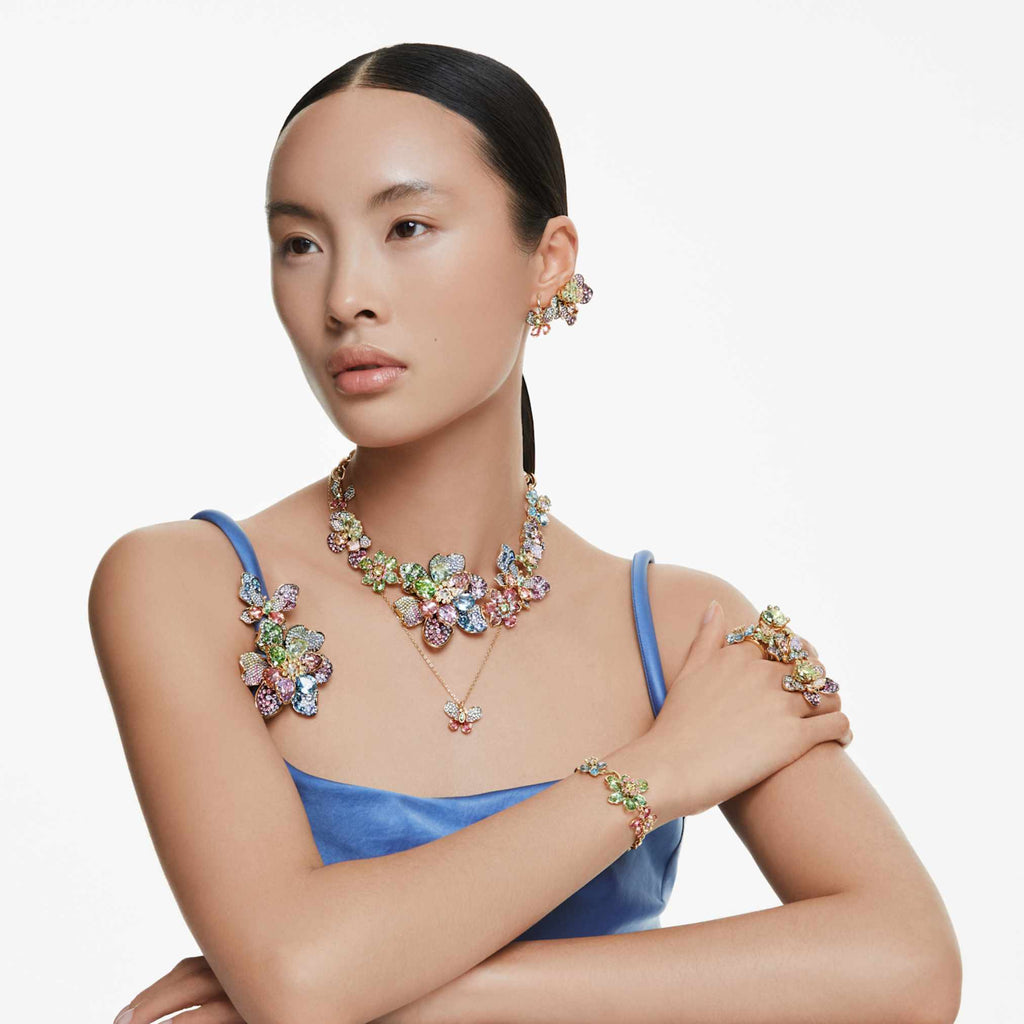 Swarovski Idyllia ring Mixed cuts, Pavé, Flower, Multicolored, 18K gold finish