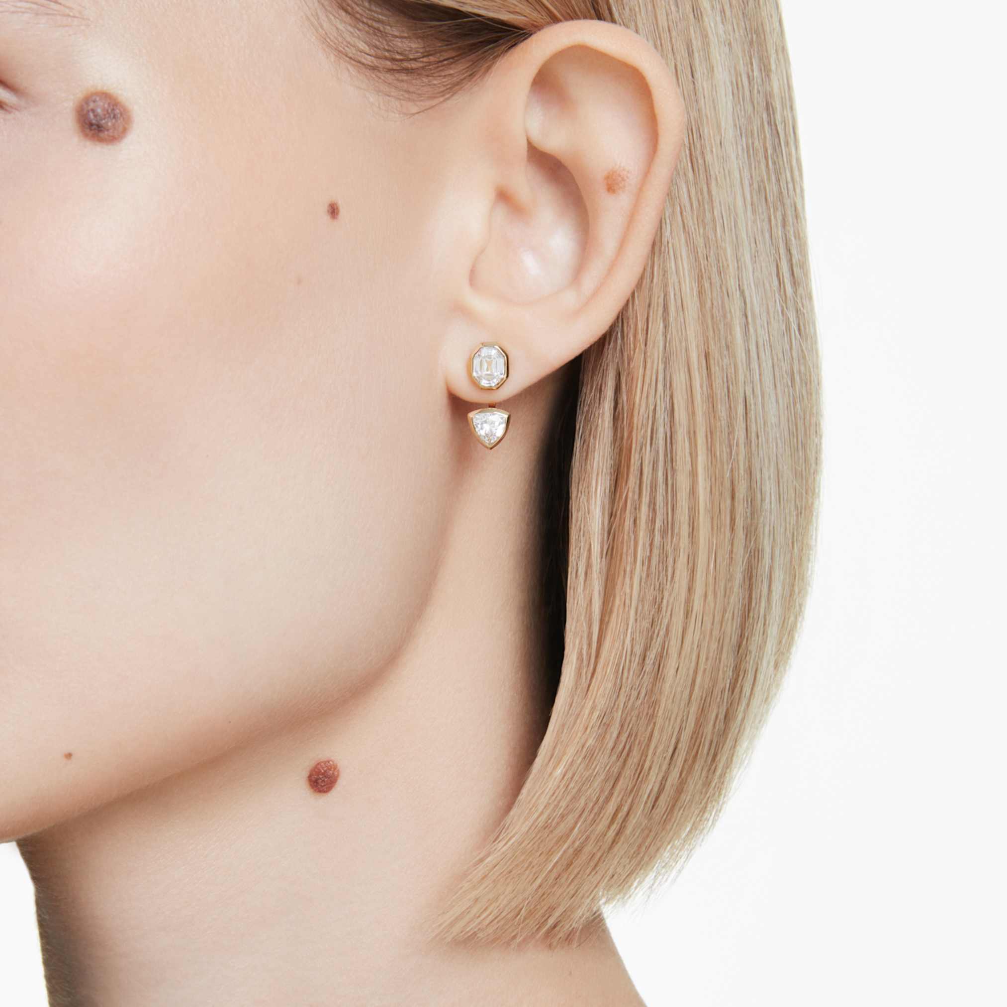 Swarovski Imber earring jackets Asymmetrical design, Mixed cuts, White, 18K gold finish