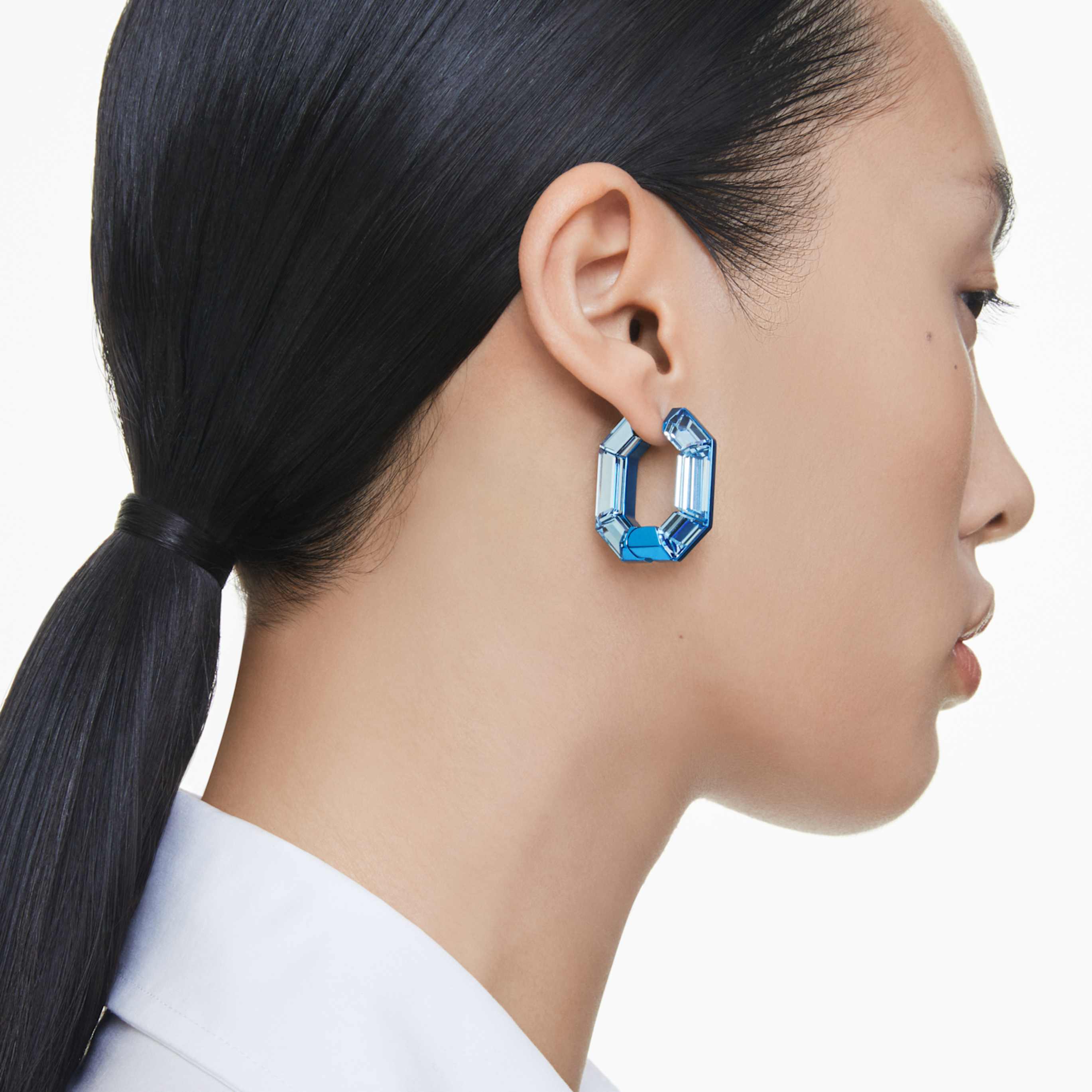 Swarovski Lucent hoop earrings Octagon shape, Small, Blue