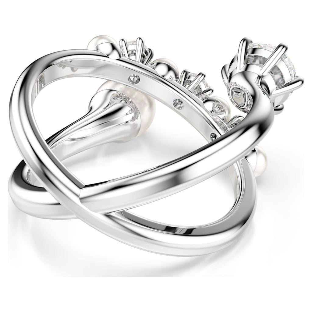 Swarovski Matrix cocktail ring Crystal pearl, Round cut, White, Rhodium plated