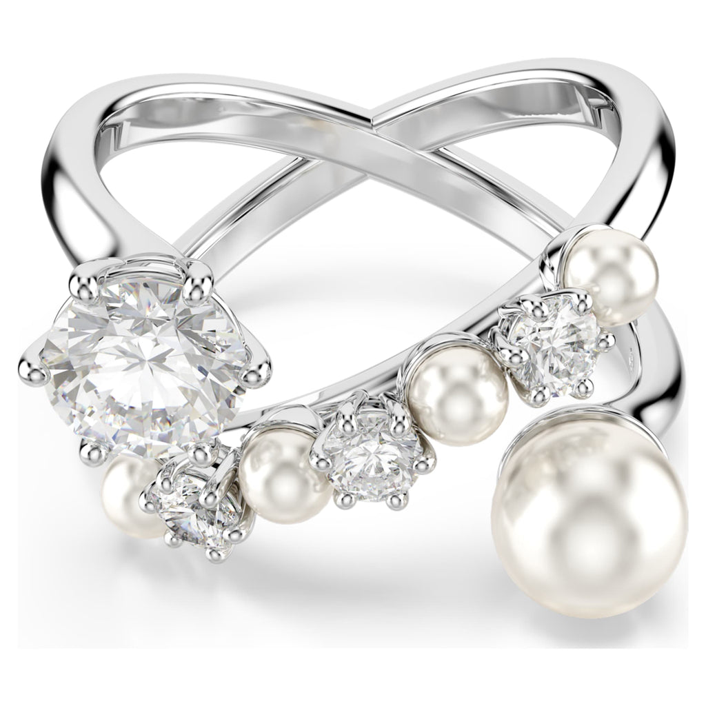 Swarovski Matrix cocktail ring Crystal pearl, Round cut, White, Rhodium plated