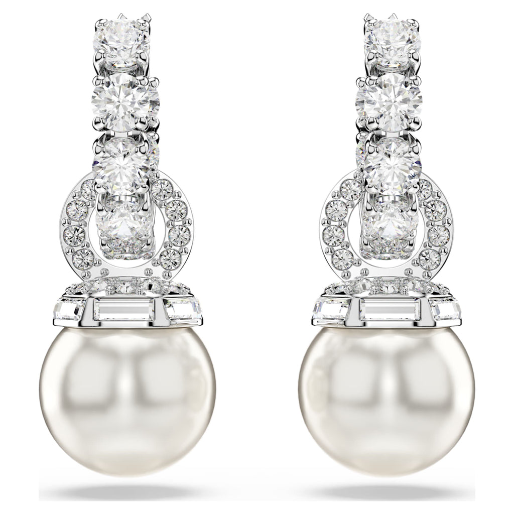 Swarovski Matrix drop earrings Crystal pearl, Round cut, White, Rhodium plated
