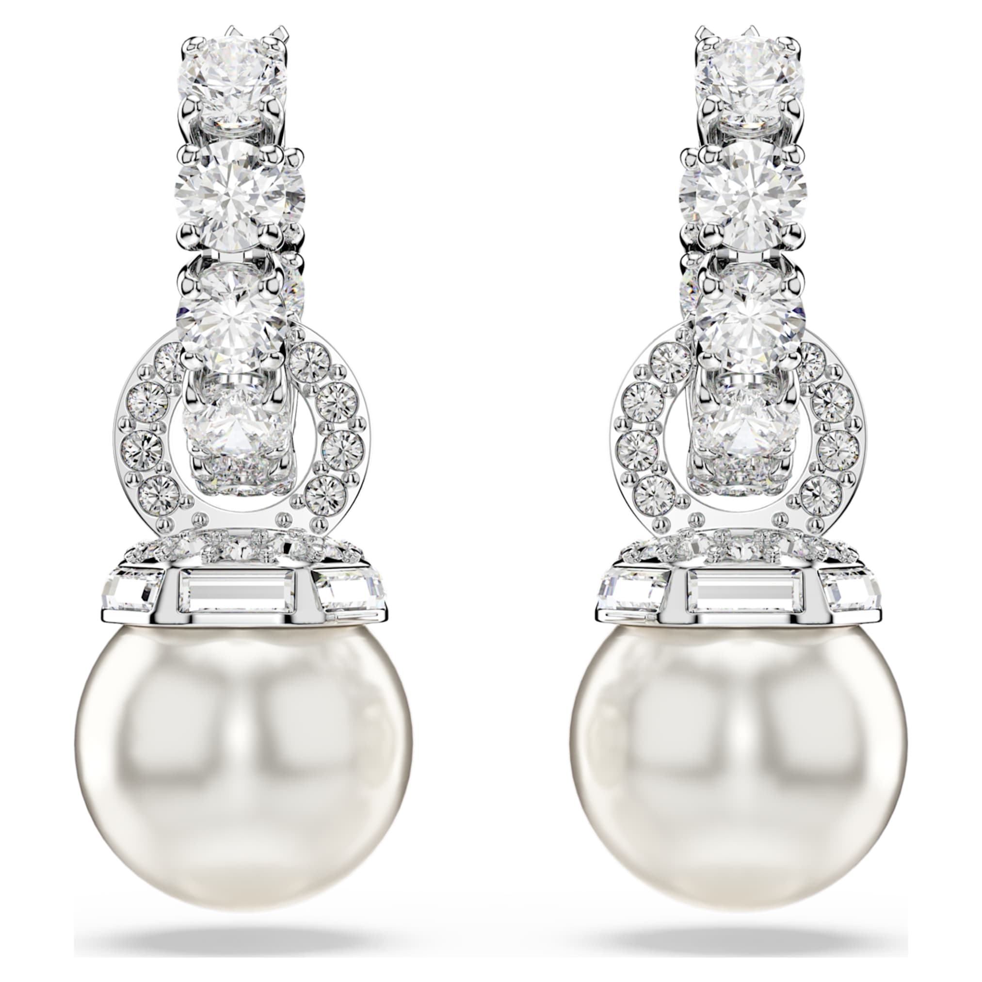 Swarovski Matrix drop earrings Crystal pearl, Round cut, White, Rhodium plated