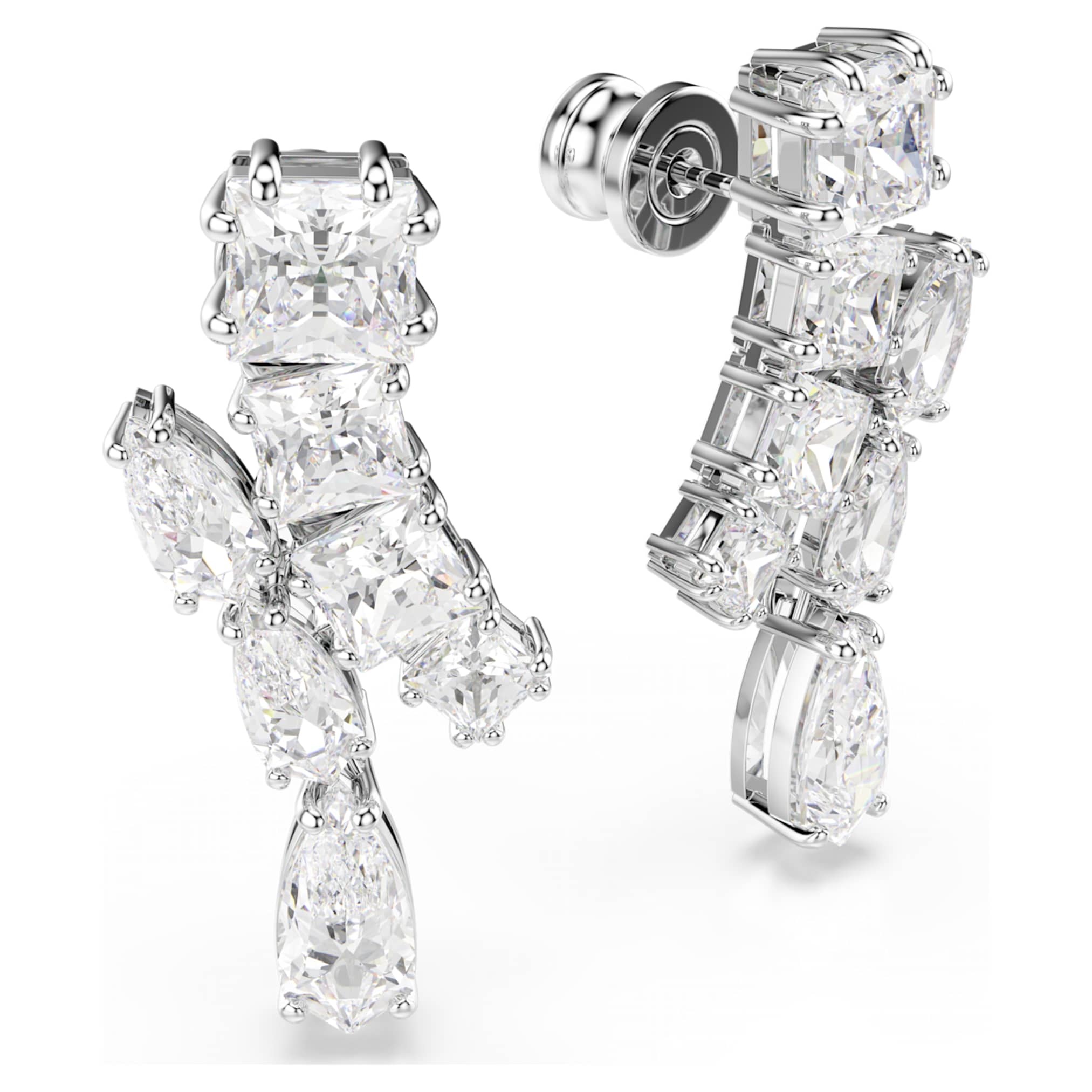 Swarovski Matrix drop earrings Mixed cuts, White, Rhodium plated