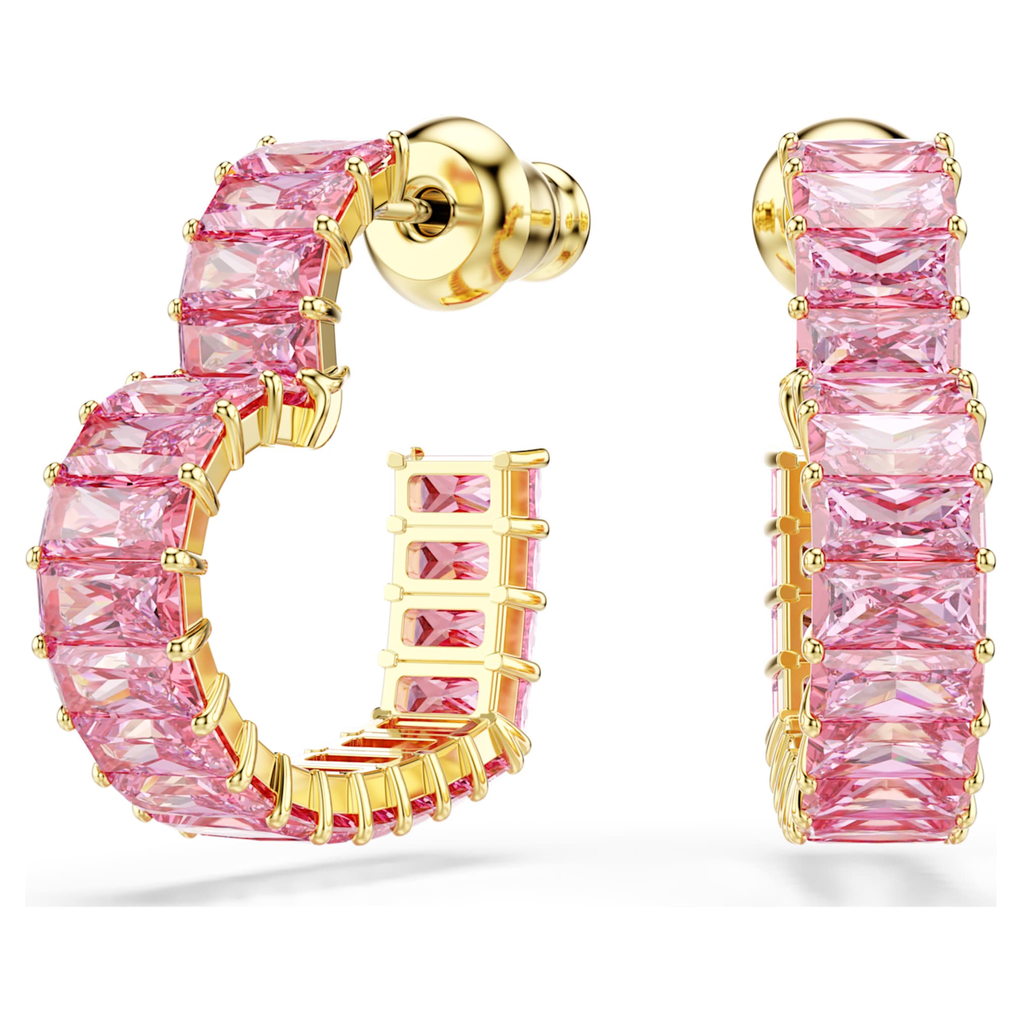 Swarovski Matrix hoop earrings Baguette cut, Heart, Small, Pink, 18K gold finish