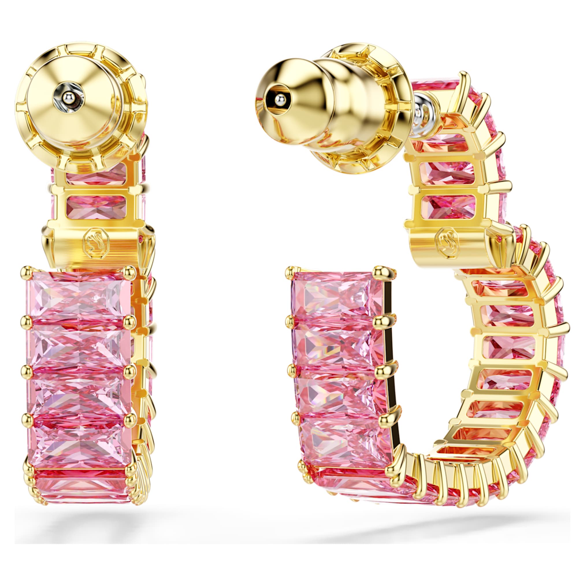 Swarovski Matrix hoop earrings Baguette cut, Heart, Small, Pink, 18K gold finish