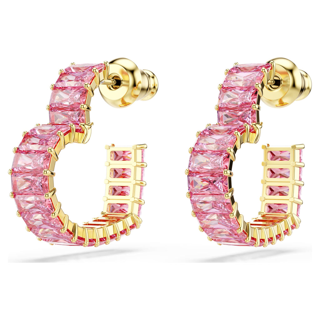 Swarovski Matrix hoop earrings Baguette cut, Heart, Small, Pink, 18K gold finish