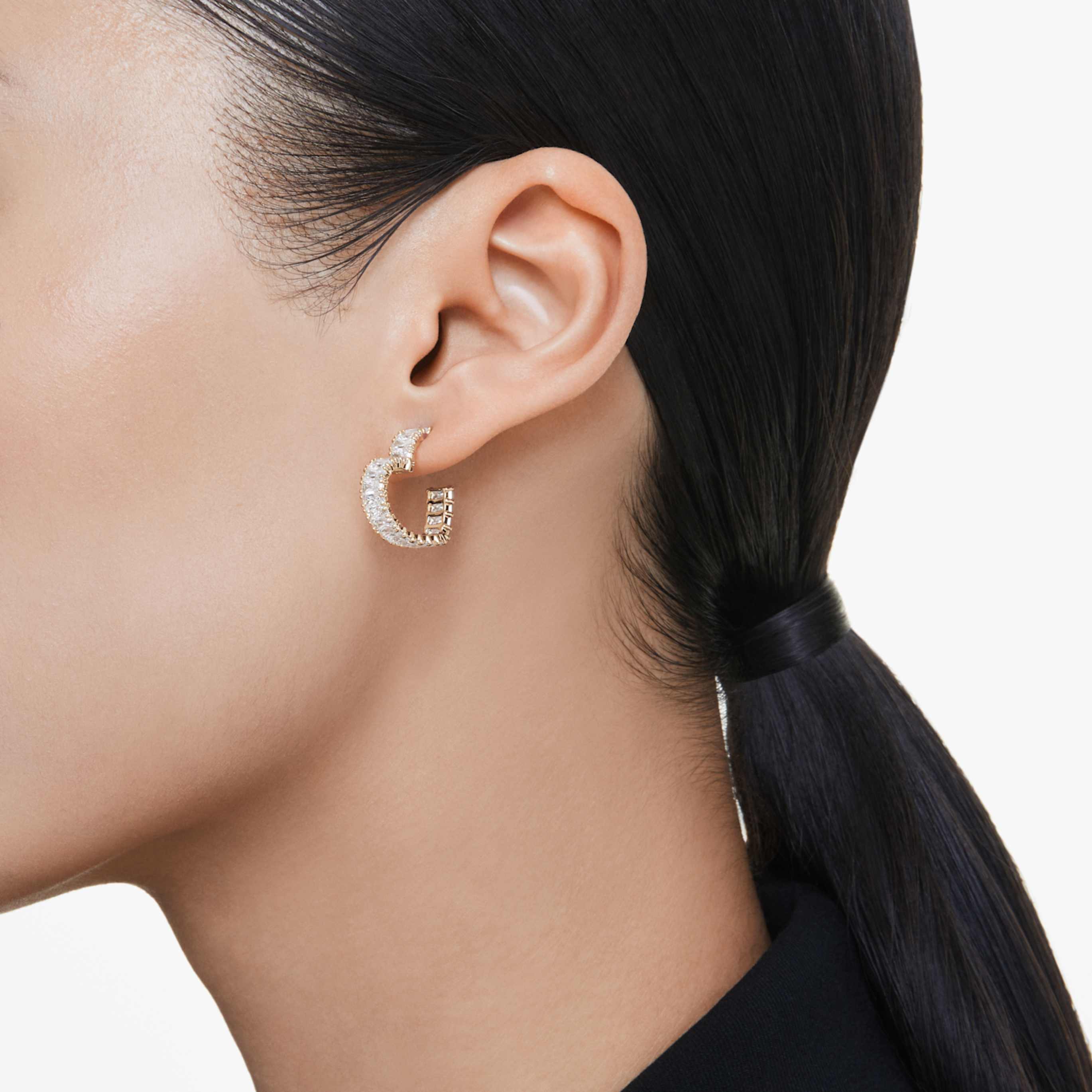 Swarovski Matrix hoop earrings Baguette cut, Heart, Small, White, Rhodium plated