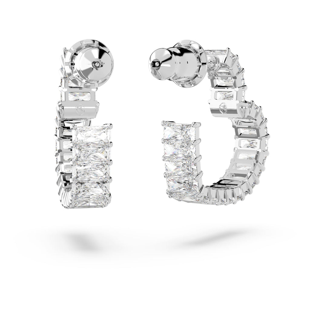 Swarovski Matrix hoop earrings Baguette cut, Heart, Small, White, Rhodium plated