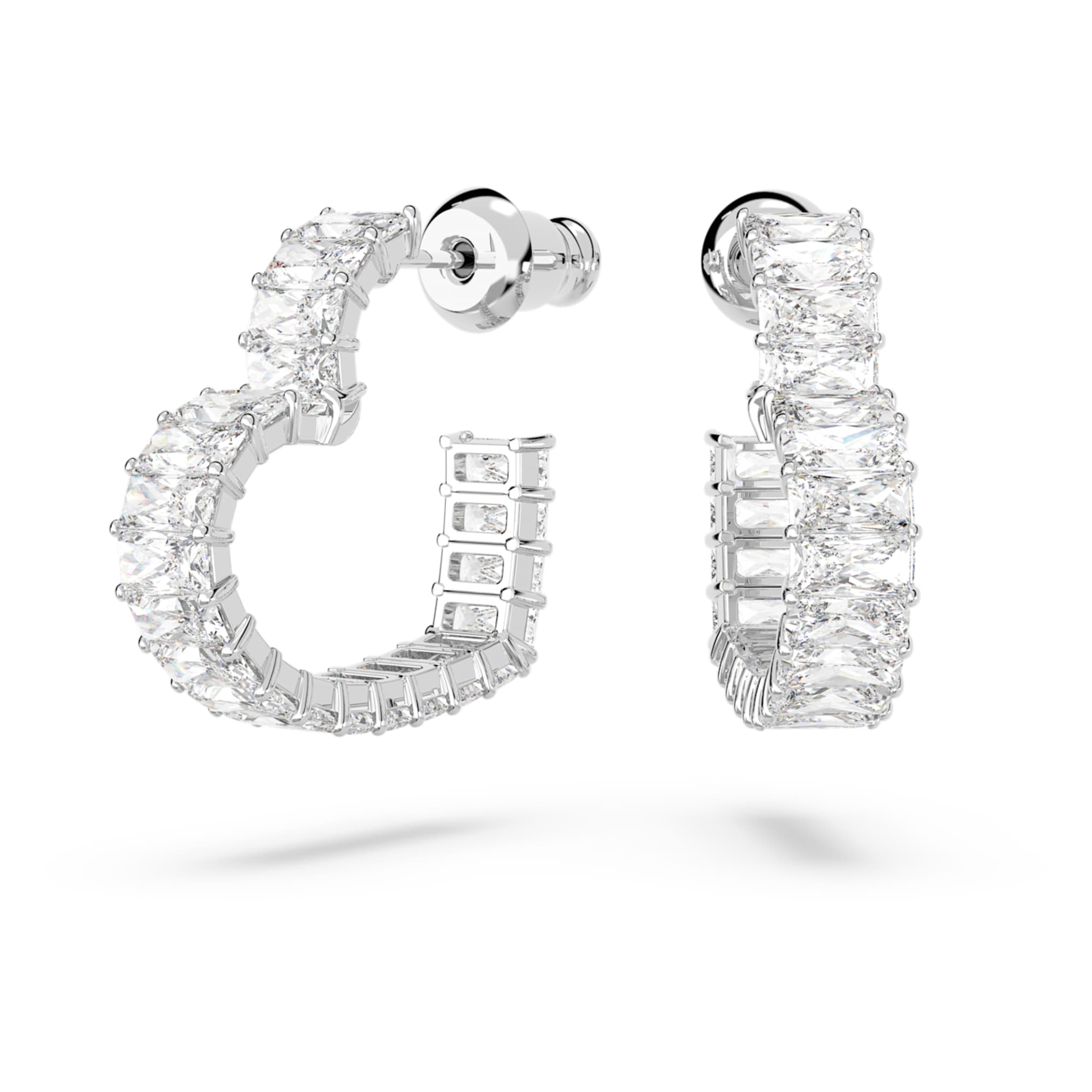 Swarovski Matrix hoop earrings Baguette cut, Heart, Small, White, Rhodium plated