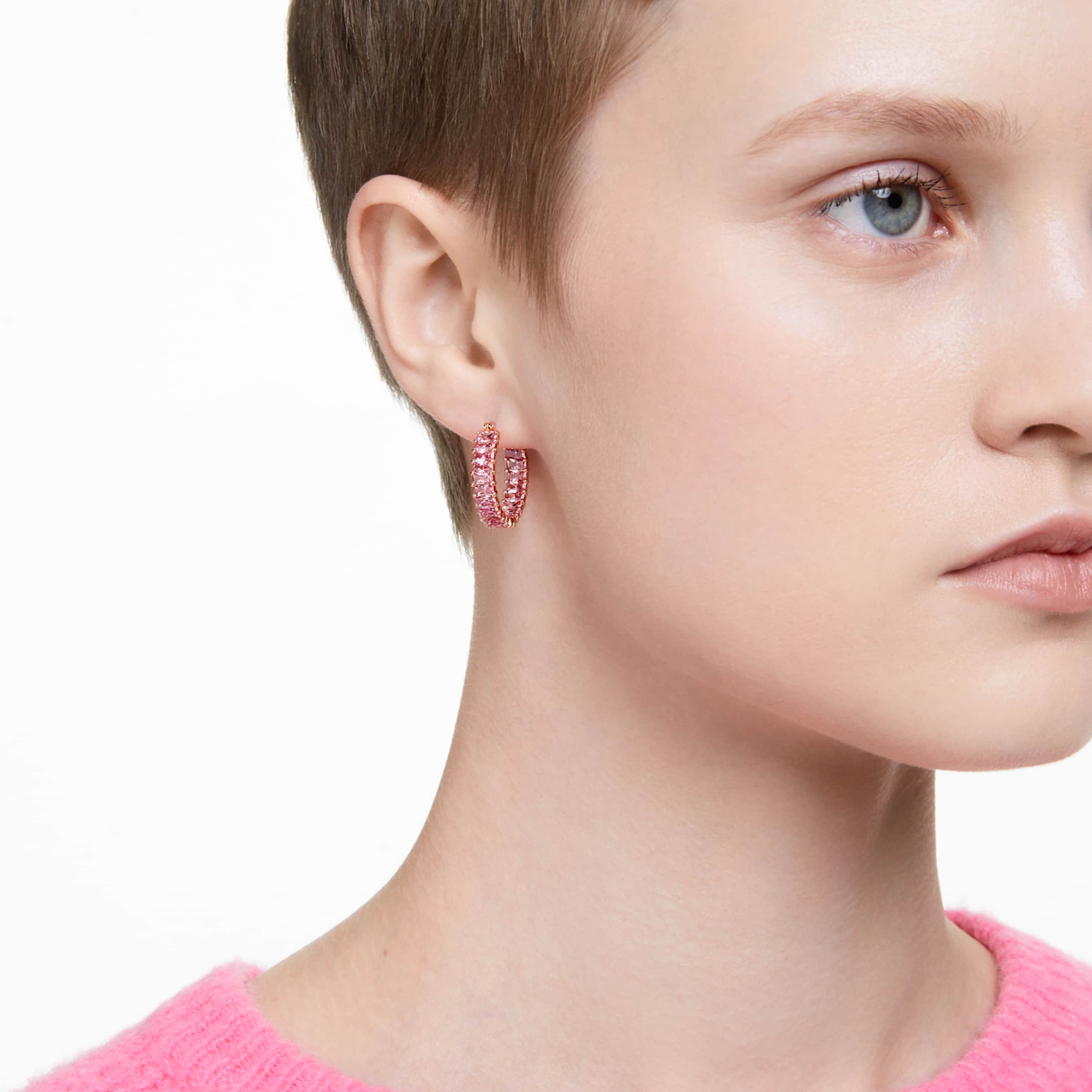 Swarovski Matrix hoop earrings Baguette cut, Pink, 18K rose gold finish