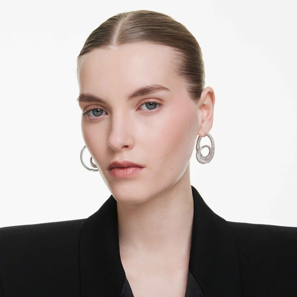 Swarovski Matrix hoop earrings Baguette cut, Ribbon, White, Rhodium plated