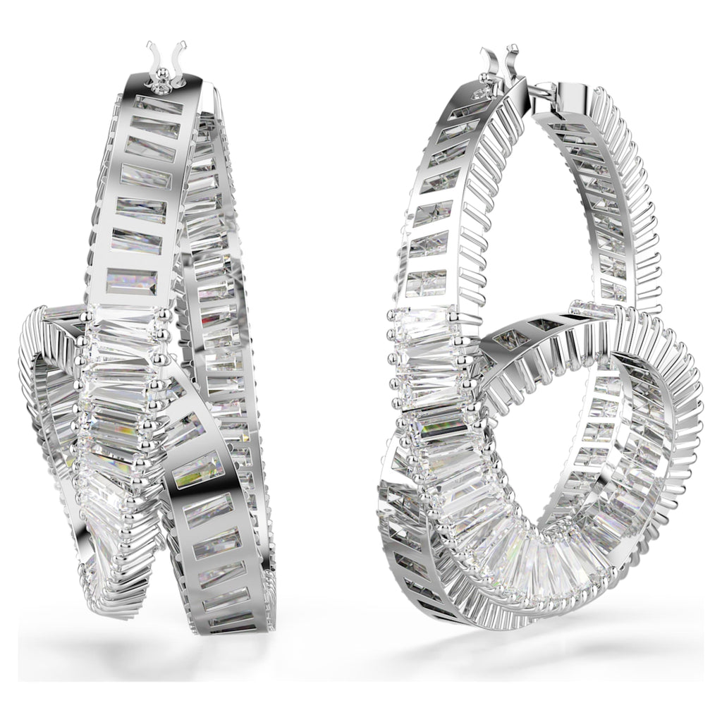 Swarovski Matrix hoop earrings Baguette cut, Ribbon, White, Rhodium plated