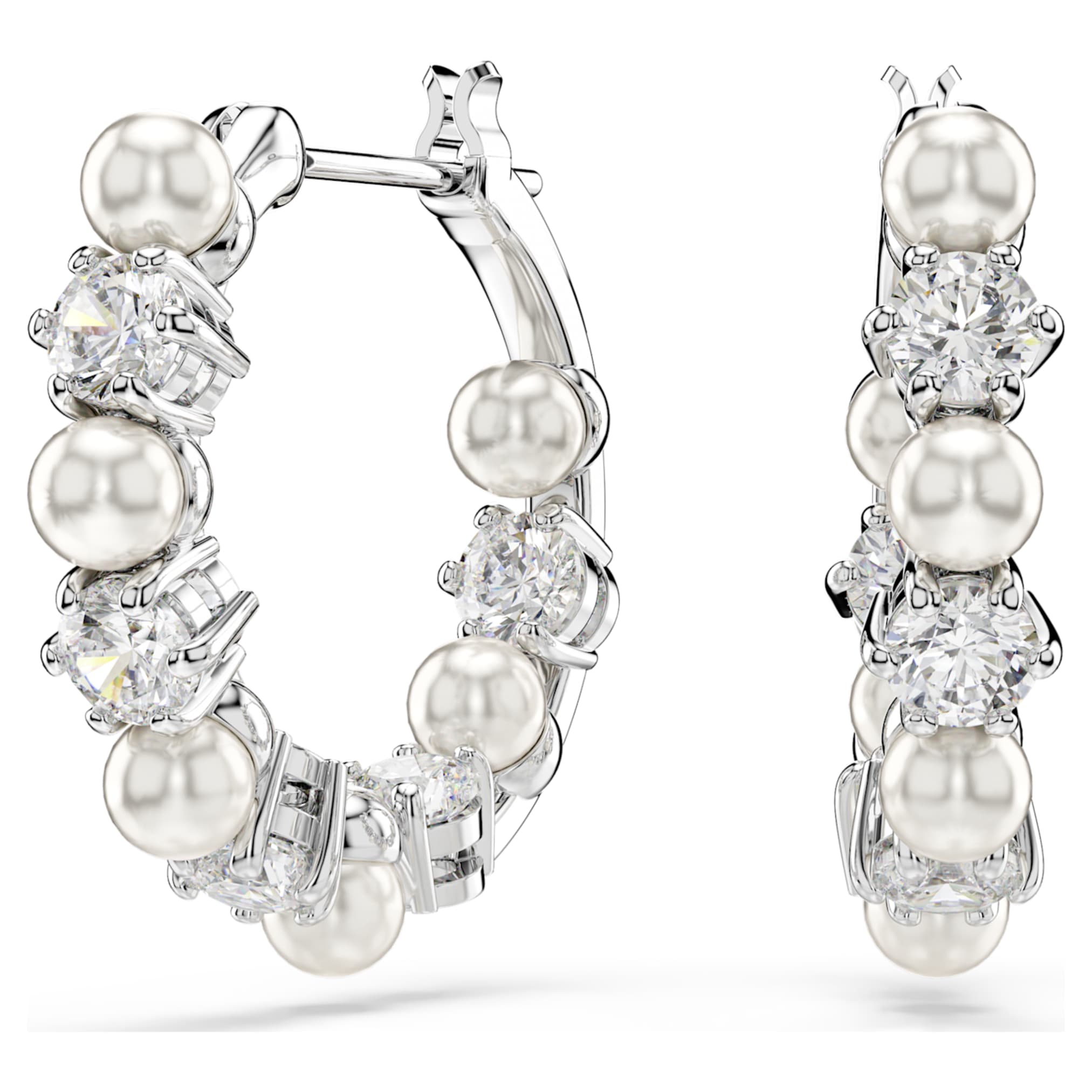 Swarovski Matrix hoop earrings Crystal pearl, Round cut, White, Rhodium plated