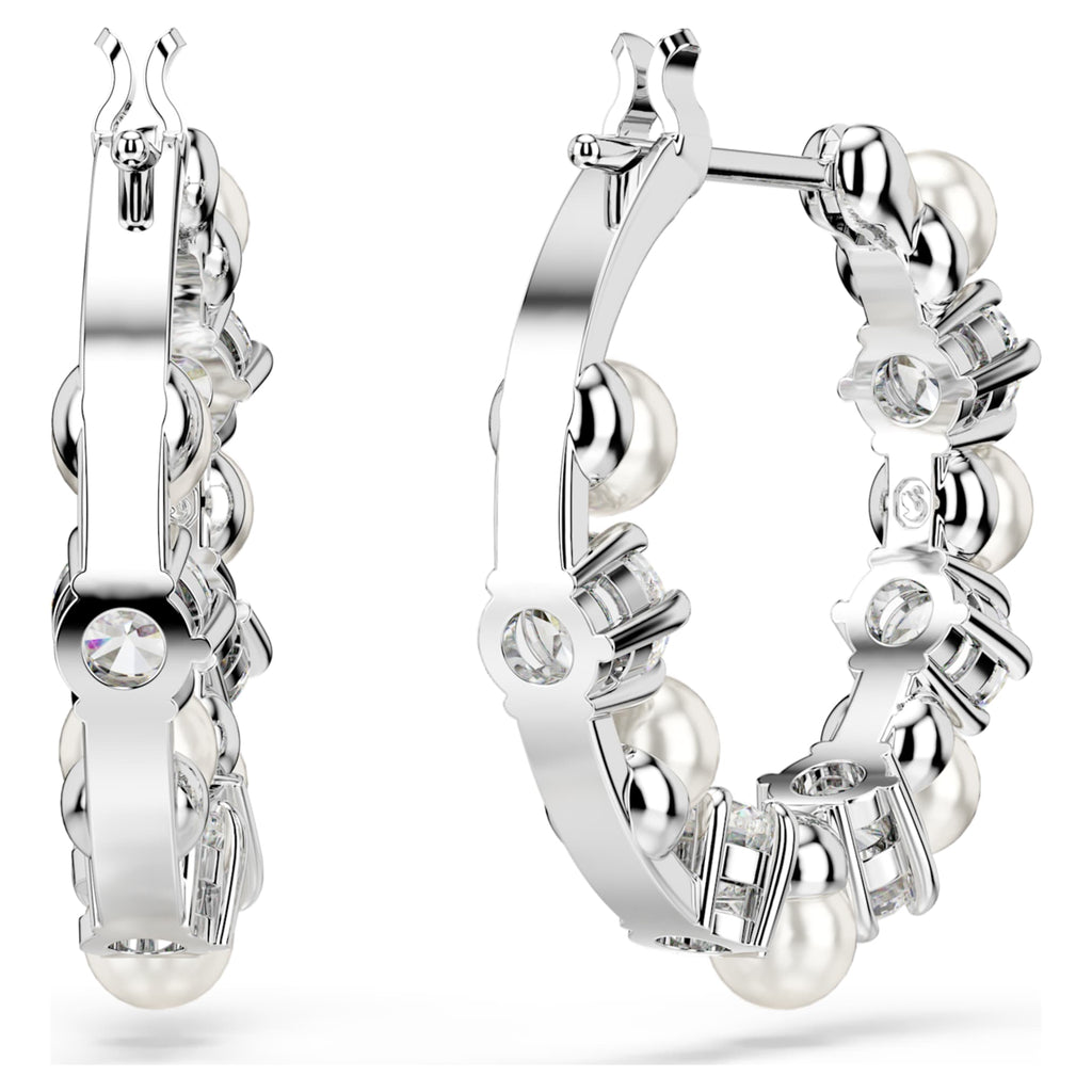 Swarovski Matrix hoop earrings Crystal pearl, Round cut, White, Rhodium plated
