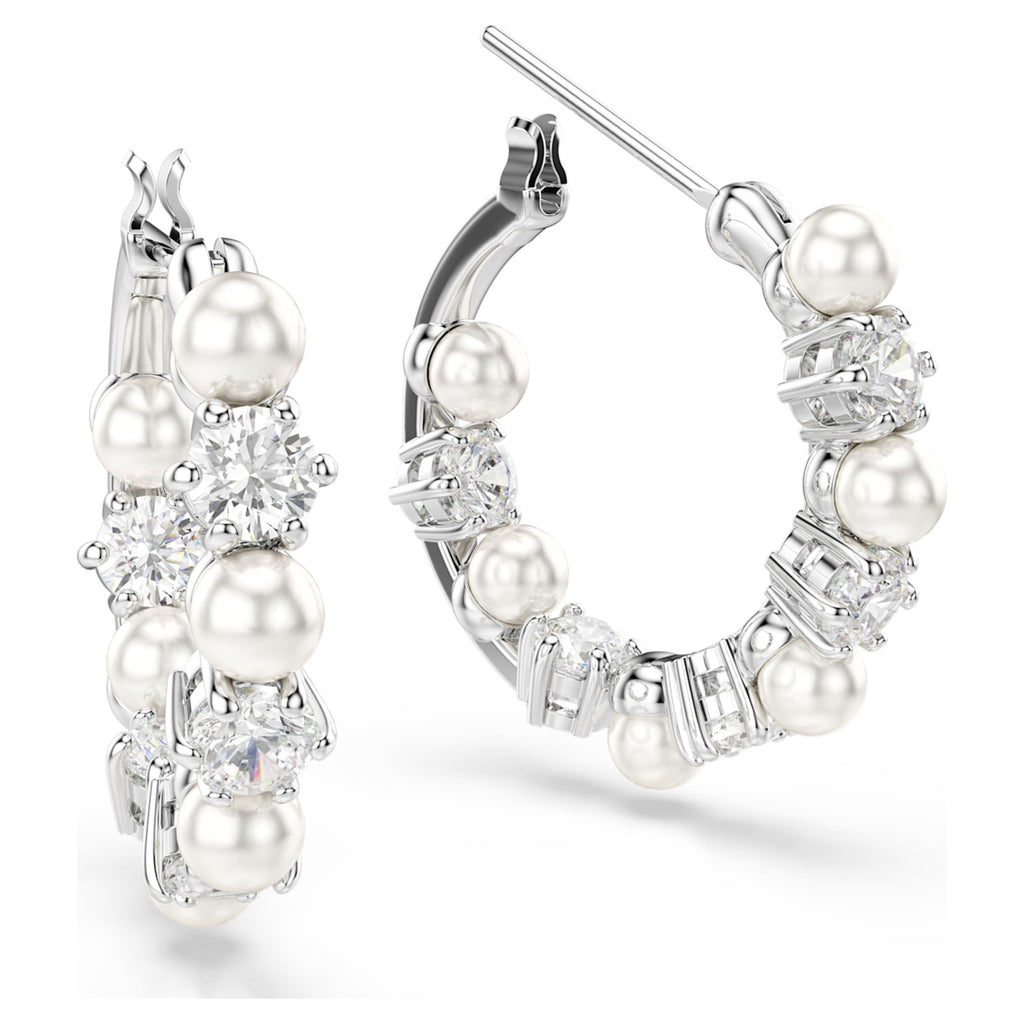 Swarovski Matrix hoop earrings Crystal pearl, Round cut, White, Rhodium plated