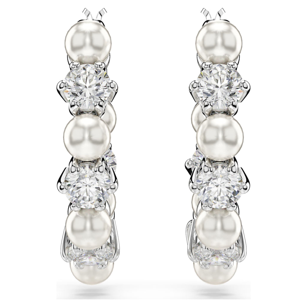 Swarovski Matrix hoop earrings Crystal pearl, Round cut, White, Rhodium plated