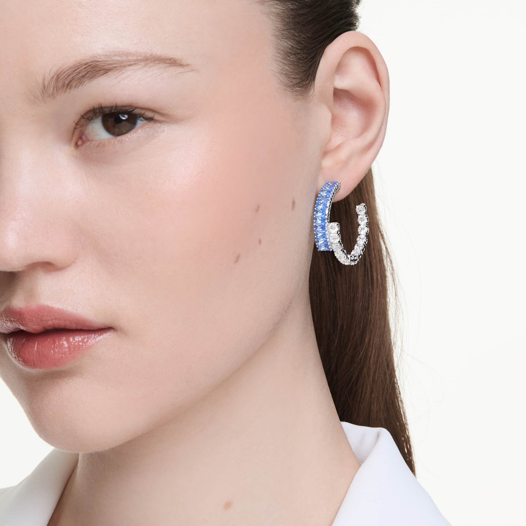 Swarovski Matrix hoop earrings Mixed cuts, Blue, Rhodium plated