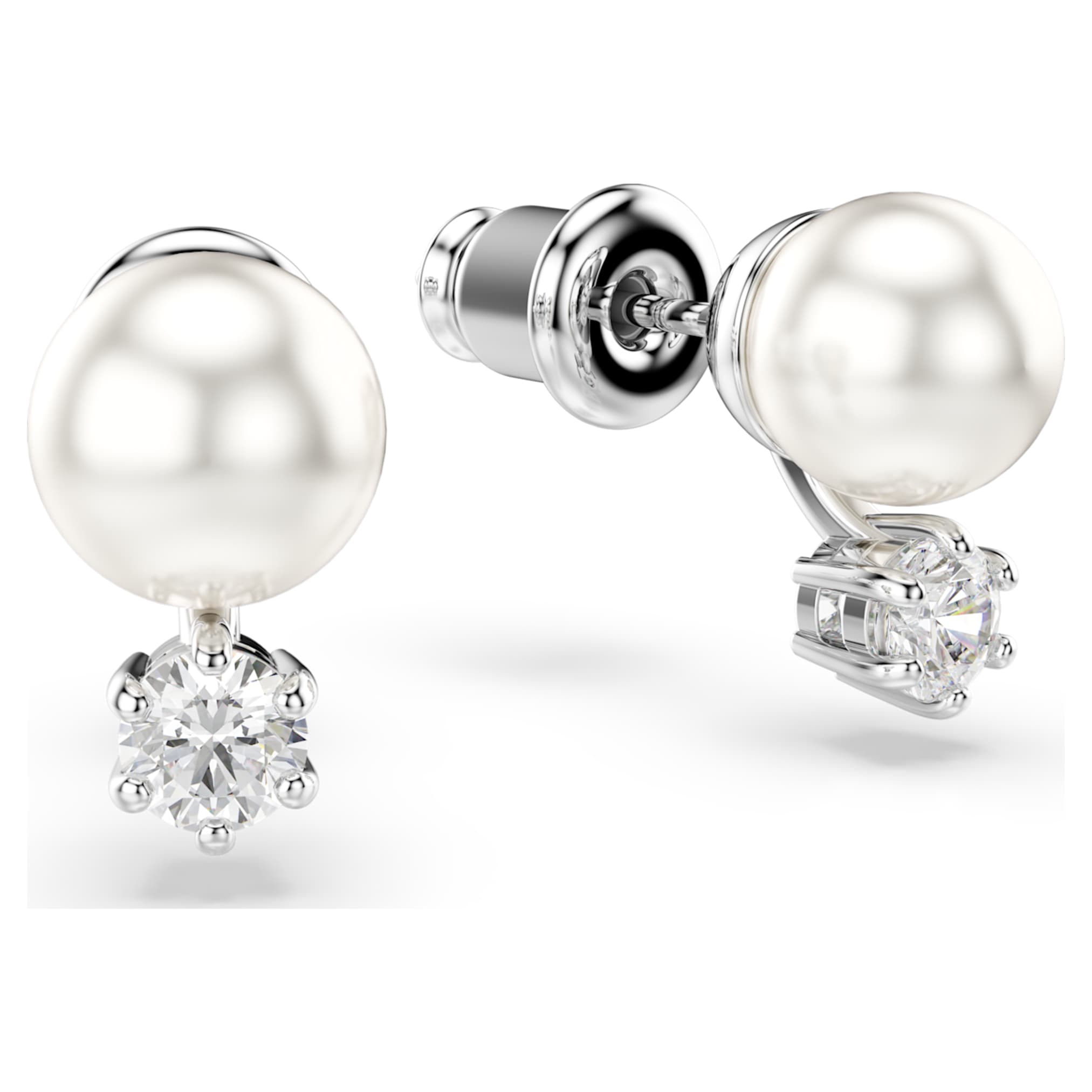 Swarovski Matrix stud earrings Crystal pearl, Round cut, White, Rhodium plated