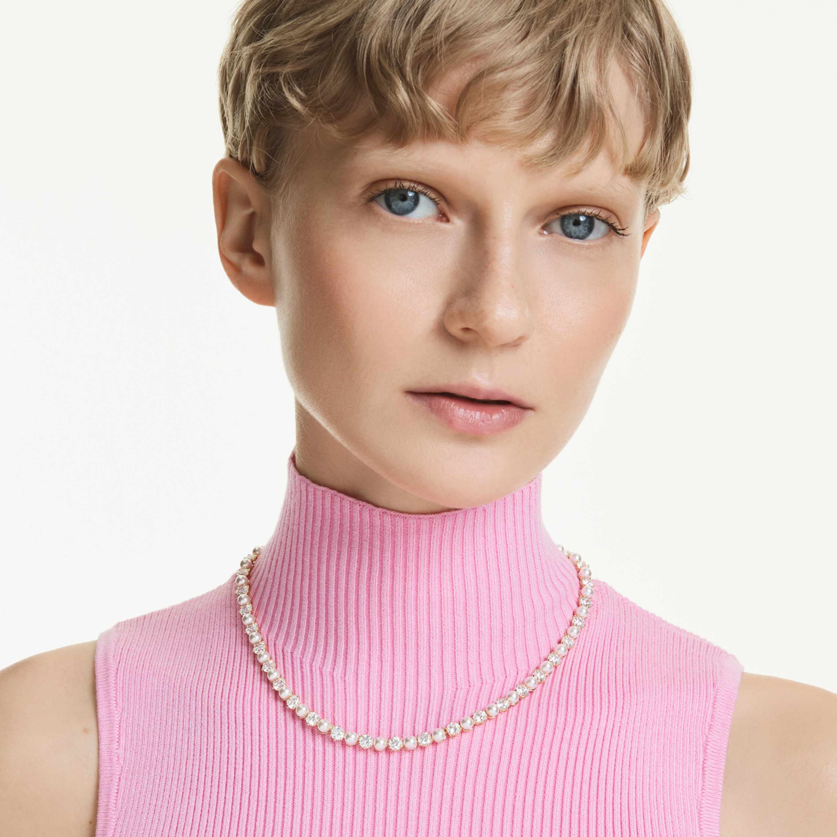 Swarovski Matrix Tennis necklace Crystal pearl, Round cut, White, Rhodium plated