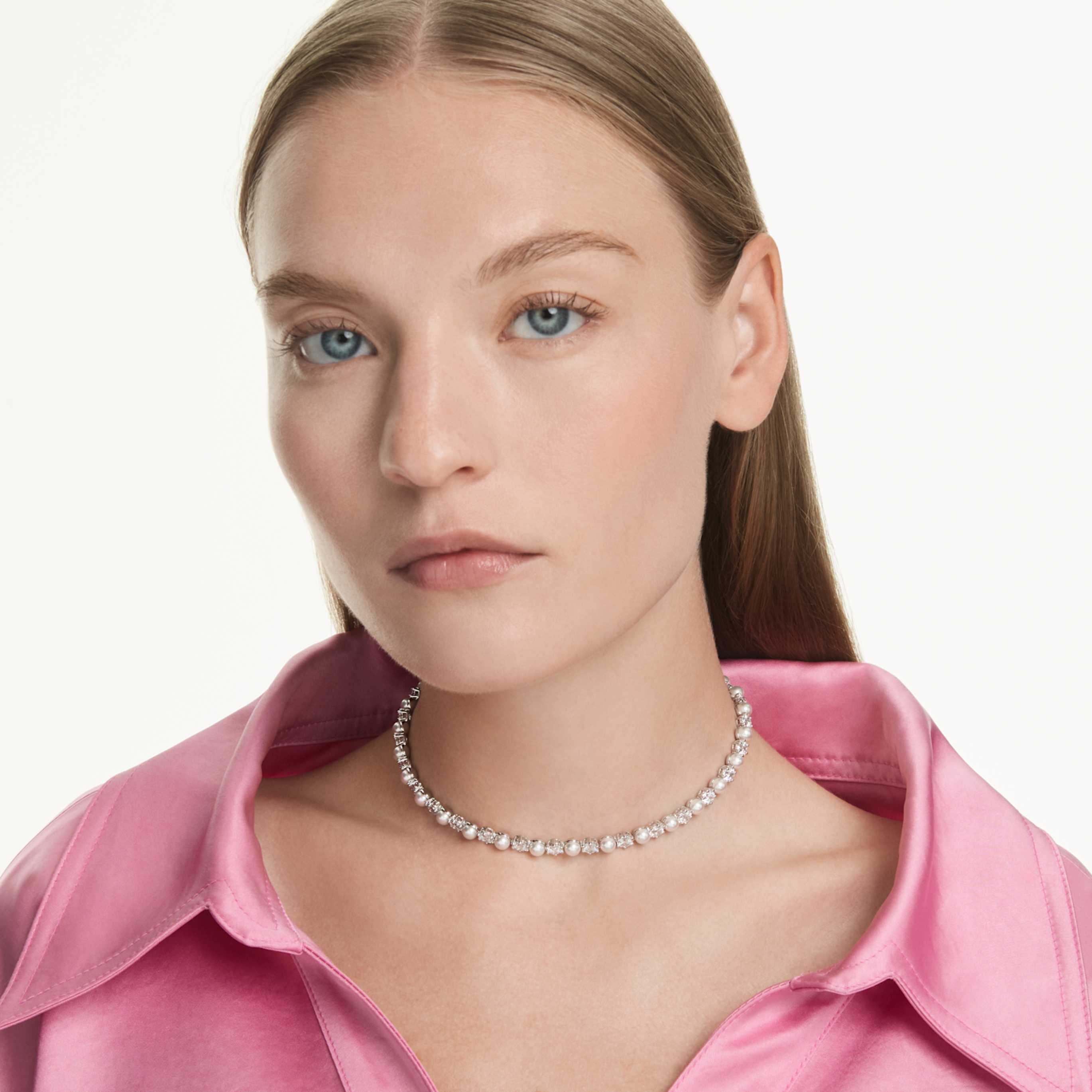 Swarovski Matrix Tennis necklace Crystal pearl, Round cut, White, 18K gold finish