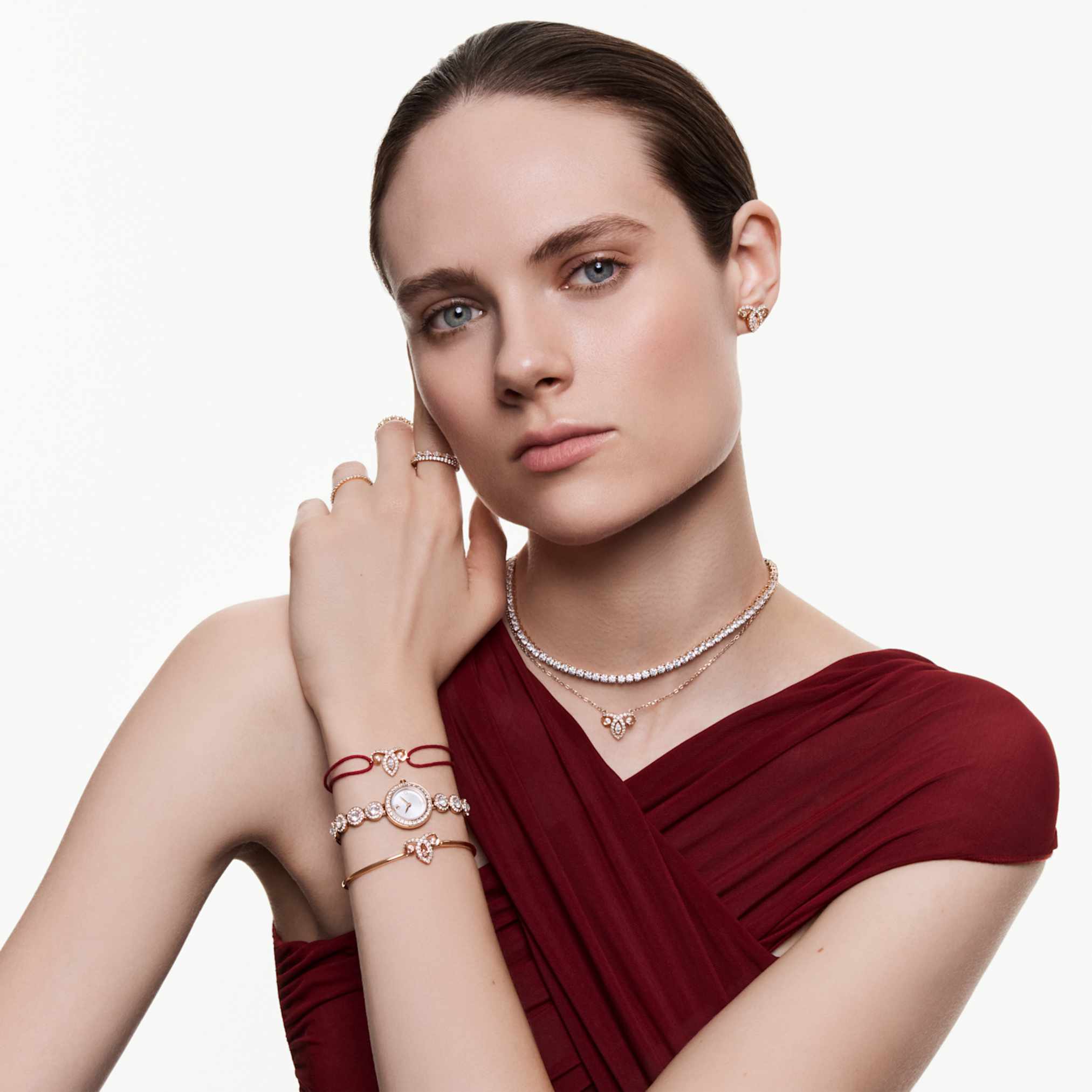 Swarovski Matrix Tennis necklace Round cut, White, 18K rose gold finish