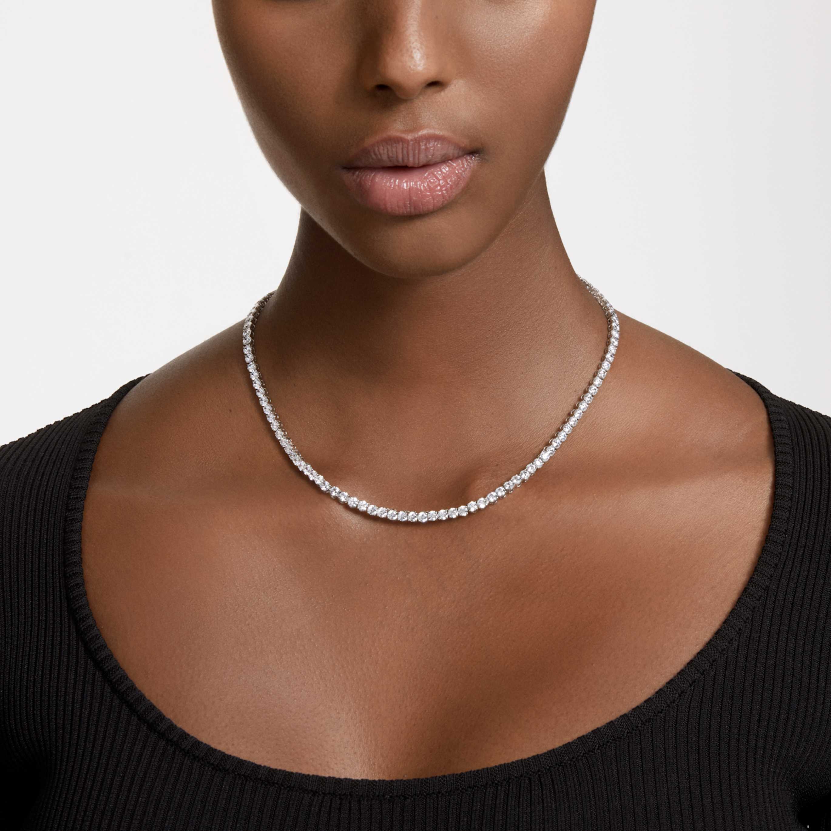 Swarovski Matrix Tennis necklace Round cut, Blue, Ruthenium plated