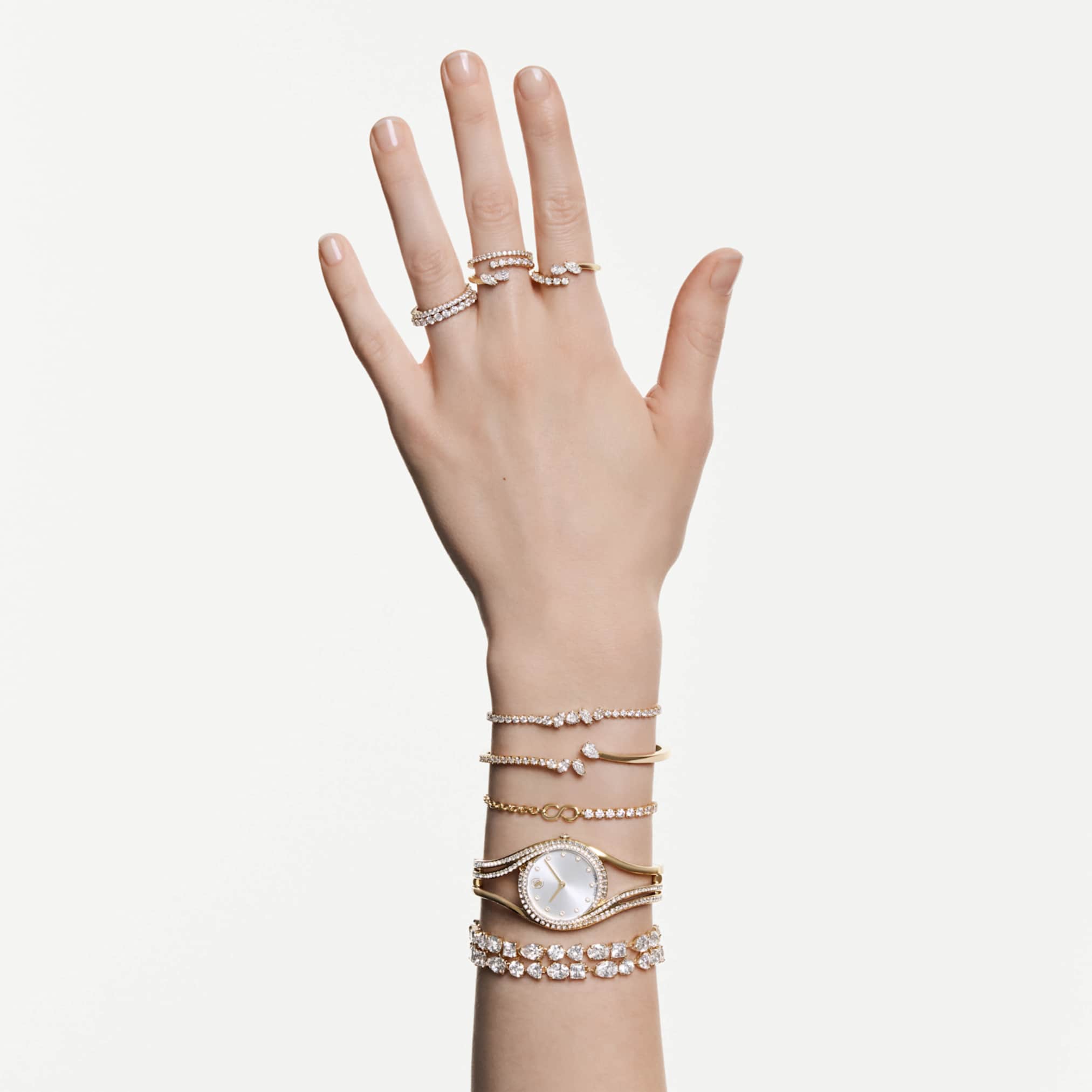Swarovski Mesmera open ring Mixed cuts, White, 18K gold finish