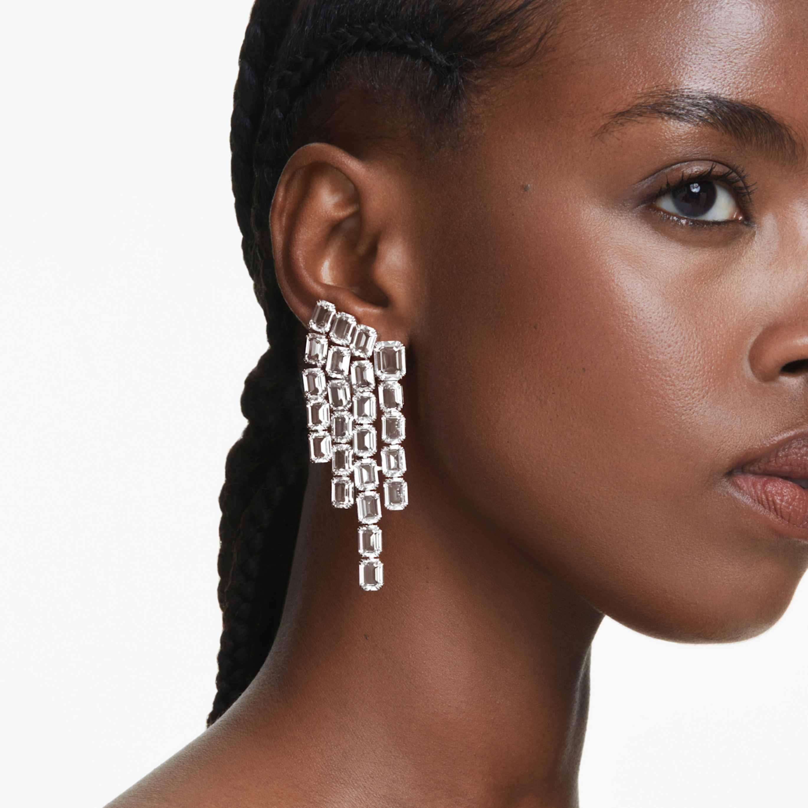 Swarovski Millenia clip earrings Octagon cut, Chandelier, White, Rhodium plated