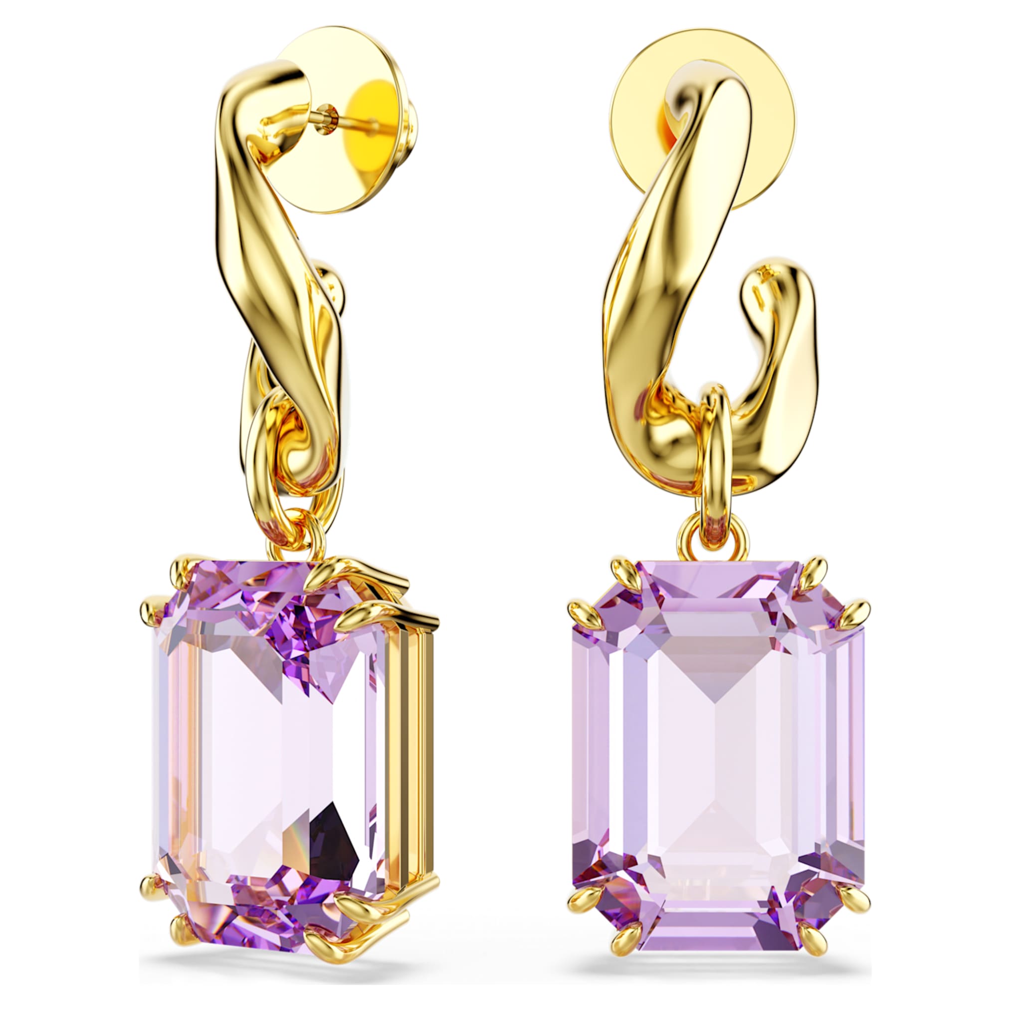 Swarovski Millenia drop earrings Octagon cut, Purple, 18K gold finish