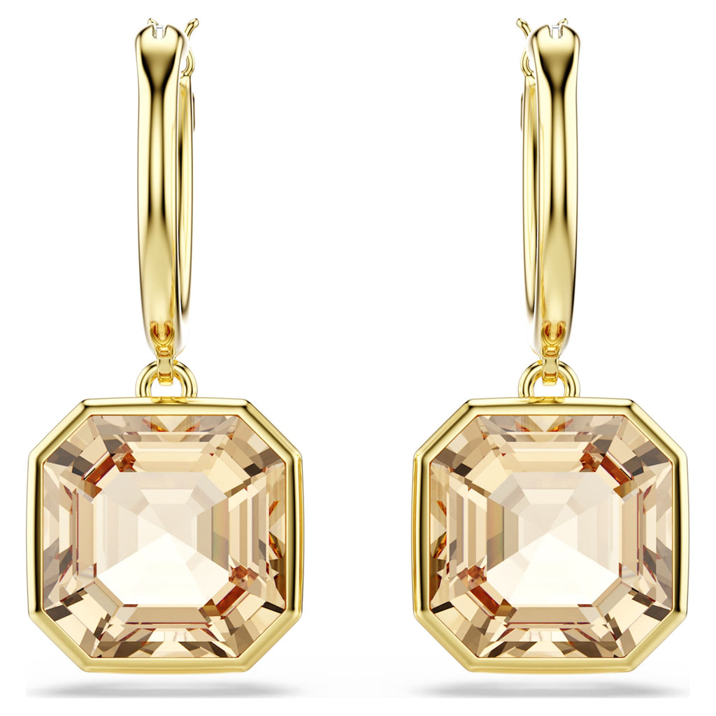 Swarovski Millenia drop earrings Square cut, Caramel, 18K gold finish