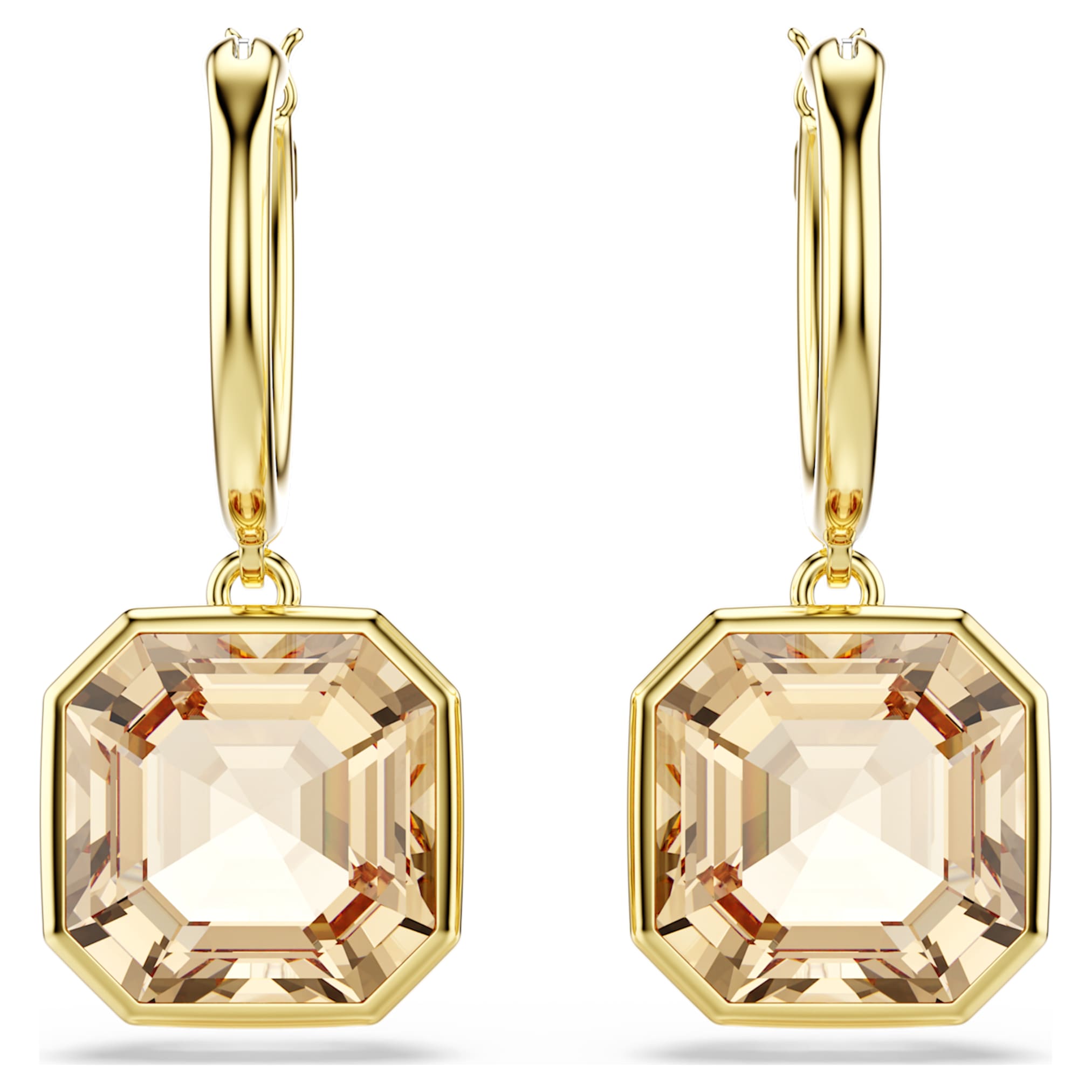 Swarovski Millenia drop earrings Square cut, Caramel, 18K gold finish