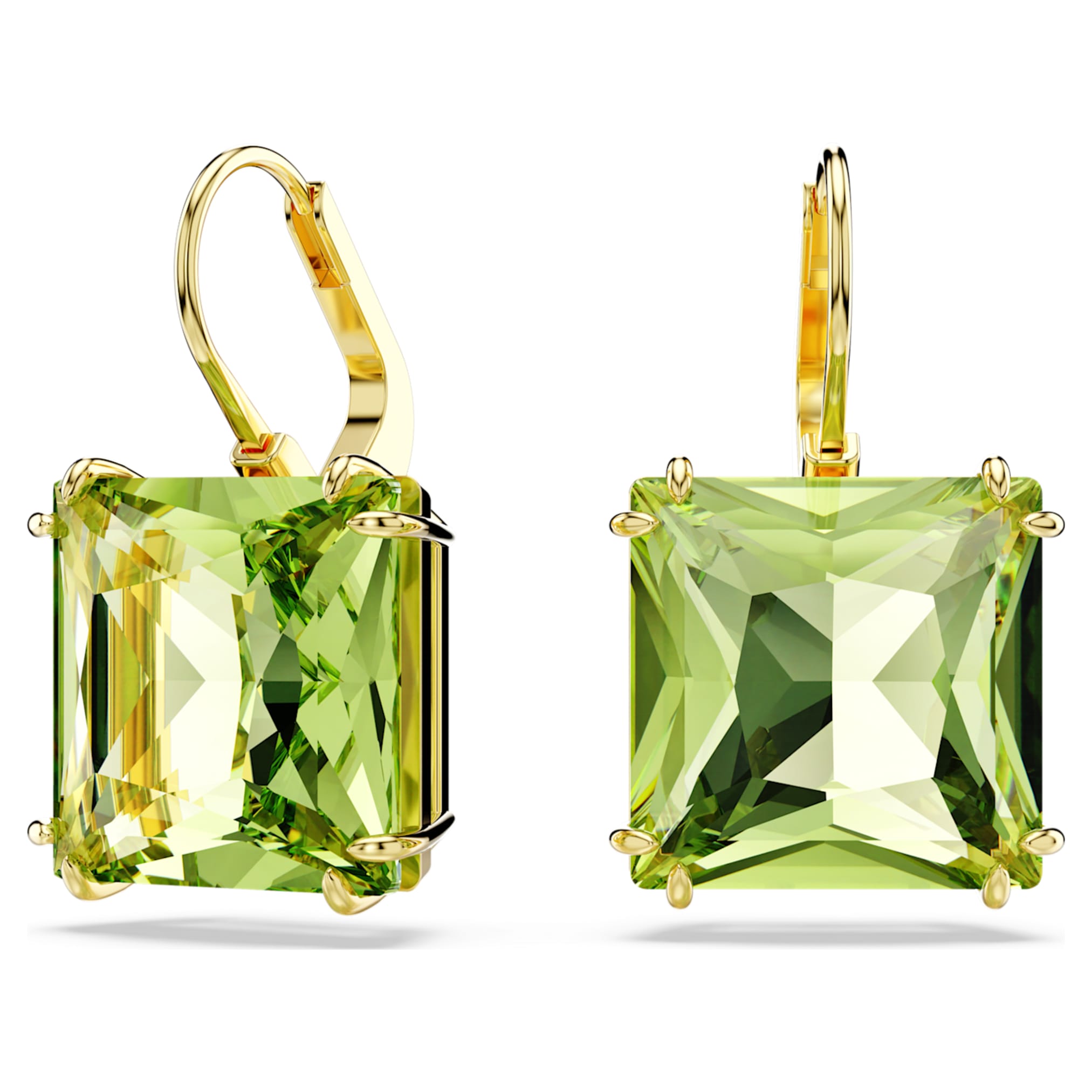 Swarovski Millenia drop earrings Square cut, Green, 18K gold finish