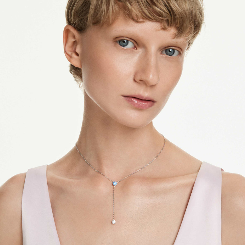 Swarovski Stilla Attract Y necklace Round cut, Blue, Rhodium plated