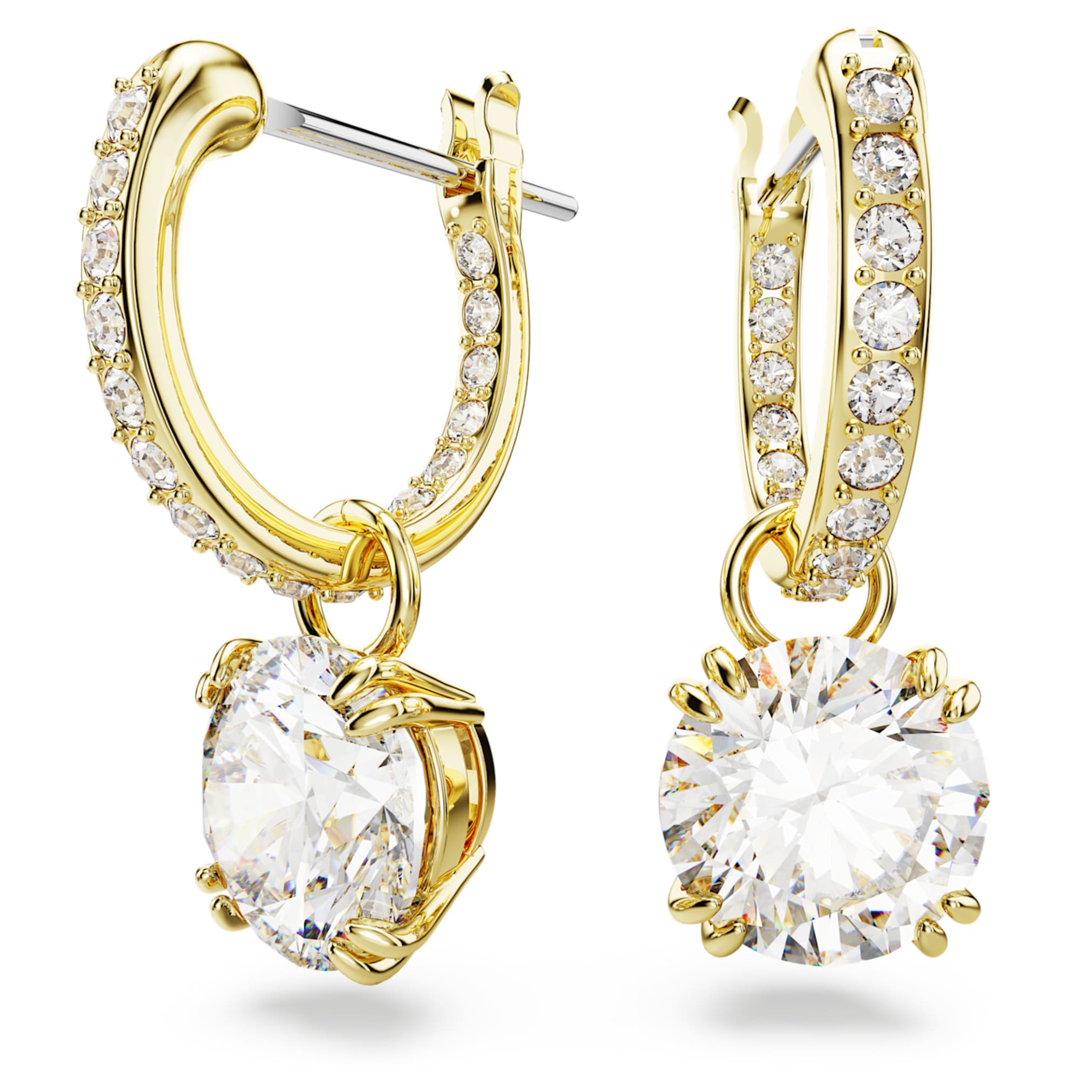 Swarovski Stilla drop earrings Round cut, White, 18K gold finish