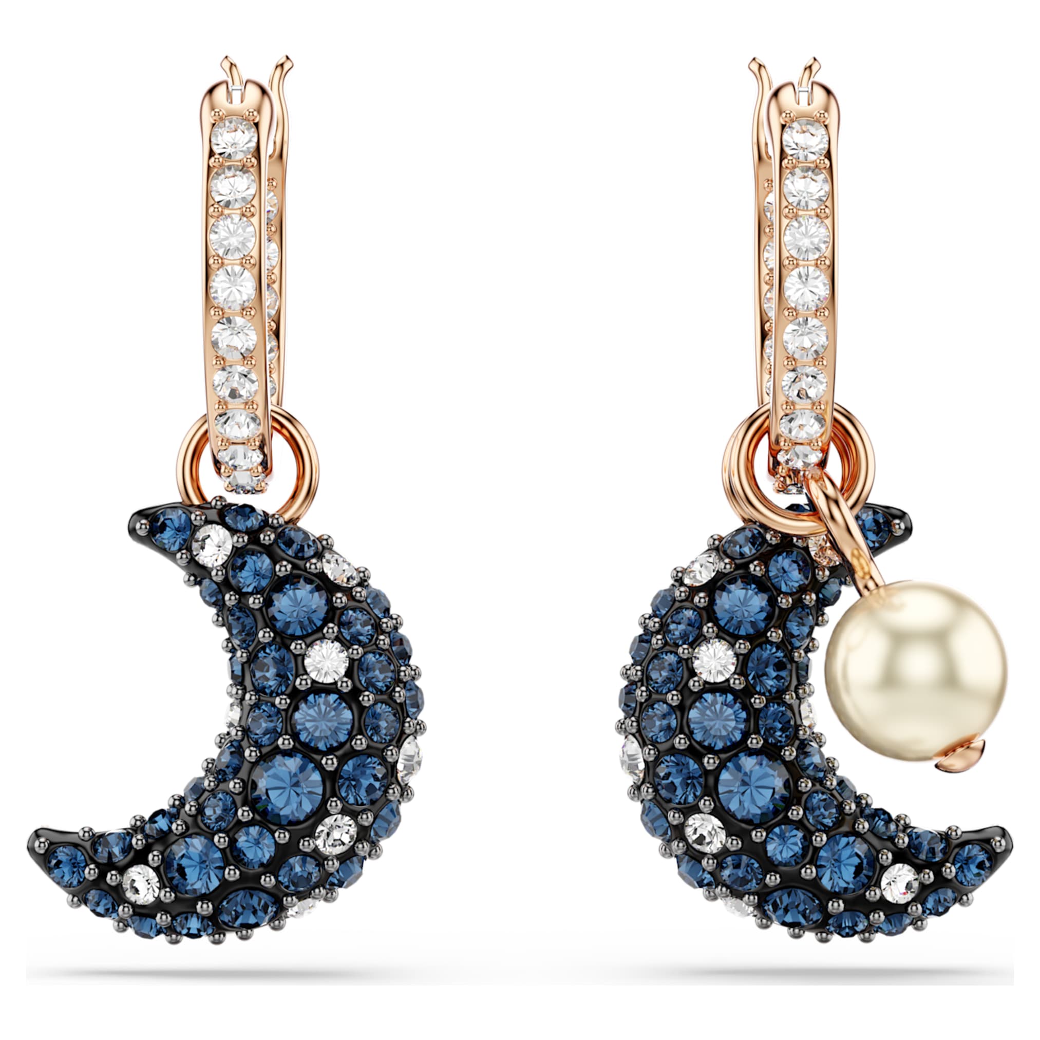Swarovski Sublima drop earrings Crystal pearl, Asymmetrical design, Moon, Multicolored, 18K rose gold finish