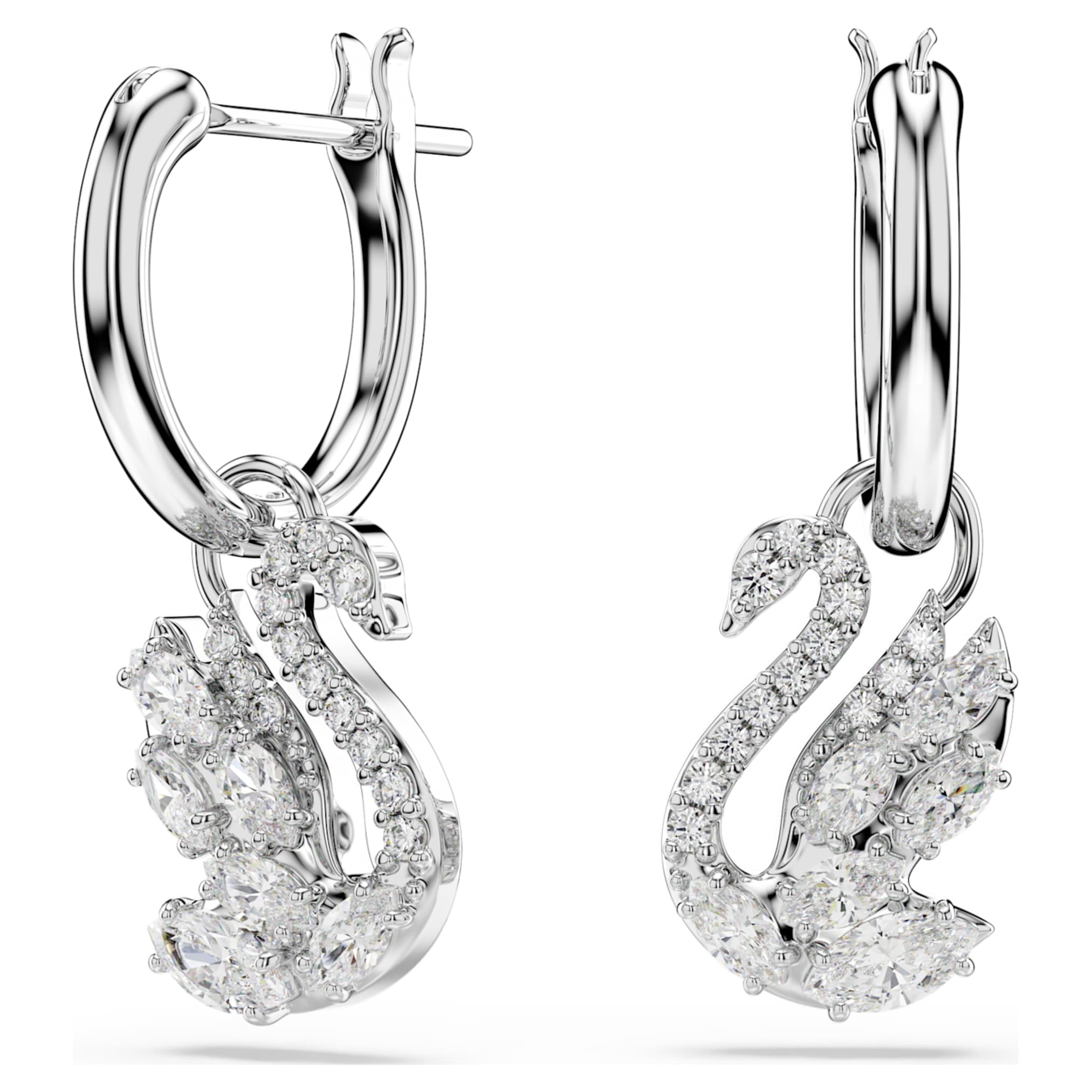 Swarovski Swan drop earrings Mixed cuts, Swan, White, Rhodium plated